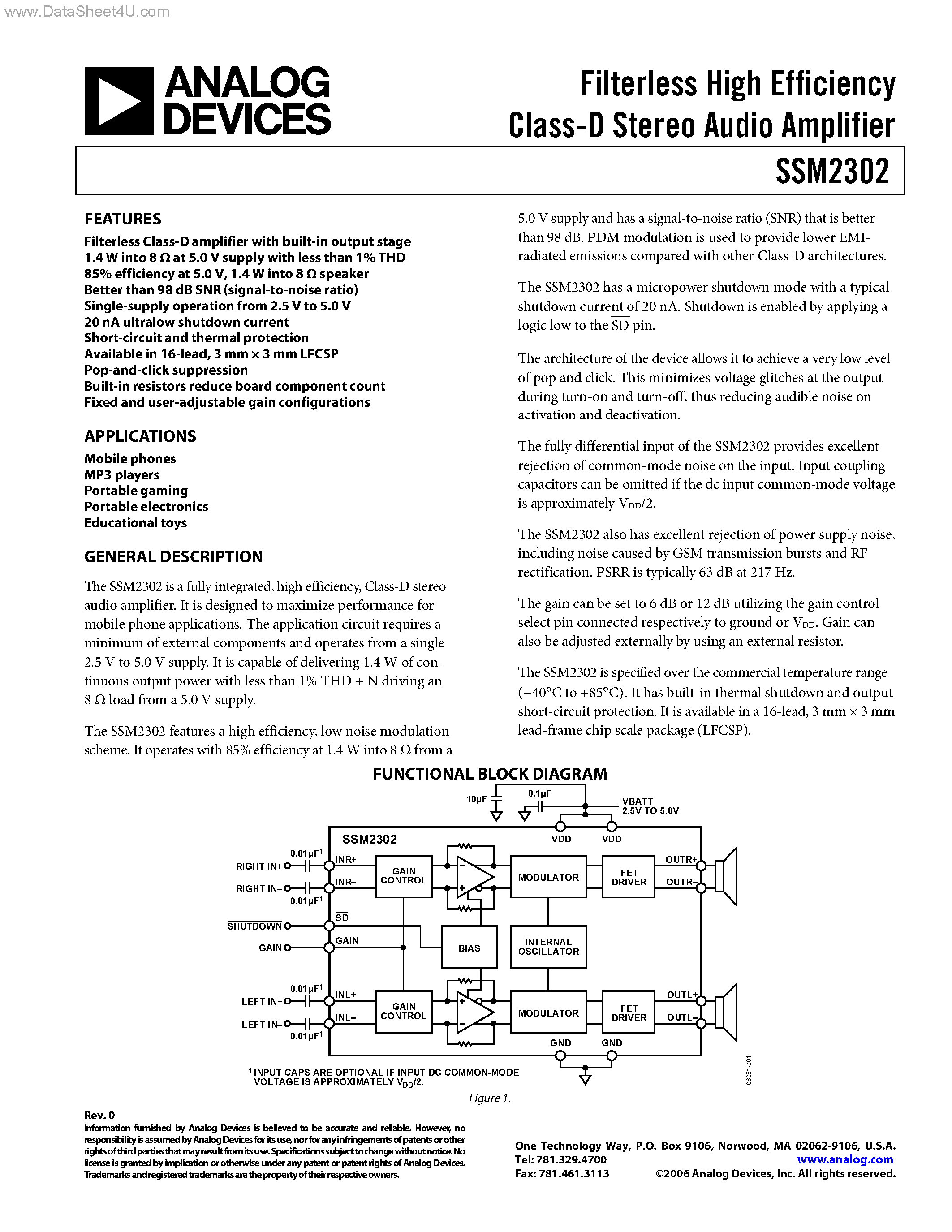 Даташит SSM2302 - Filterless High Efficiency Class-D Stereo Audio Amplifier страница 1