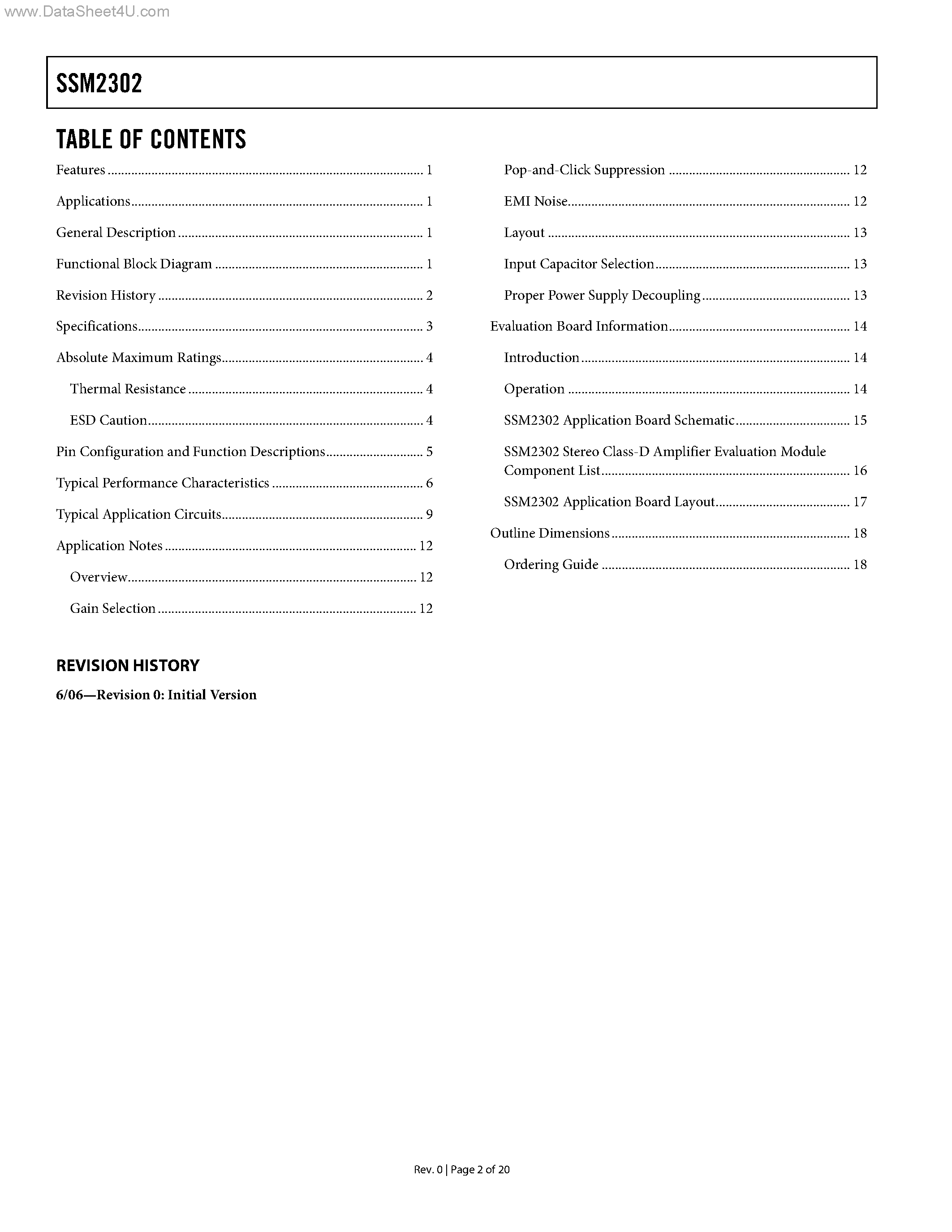 Даташит SSM2302 - Filterless High Efficiency Class-D Stereo Audio Amplifier страница 2
