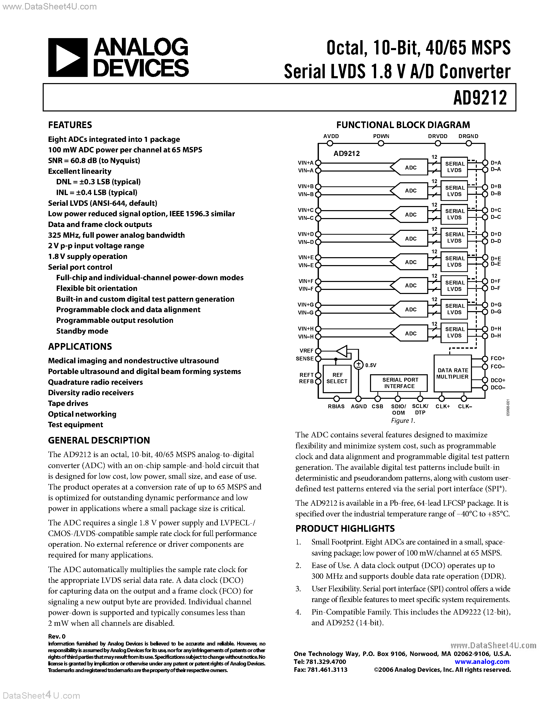 Datasheet AD9212 - Serial LVDS A/D Converter page 1