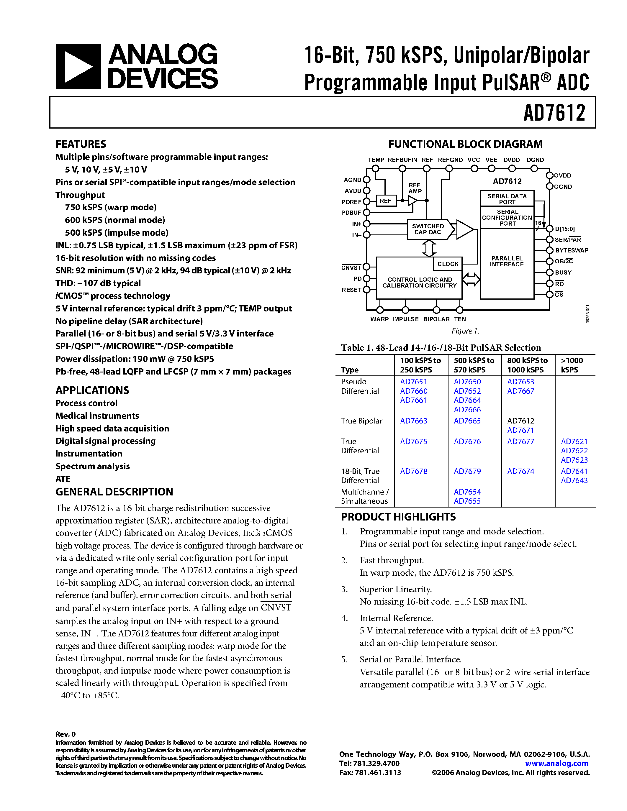 Datasheet AD7612 - 16-bit charge redistribution successive approximation register page 1