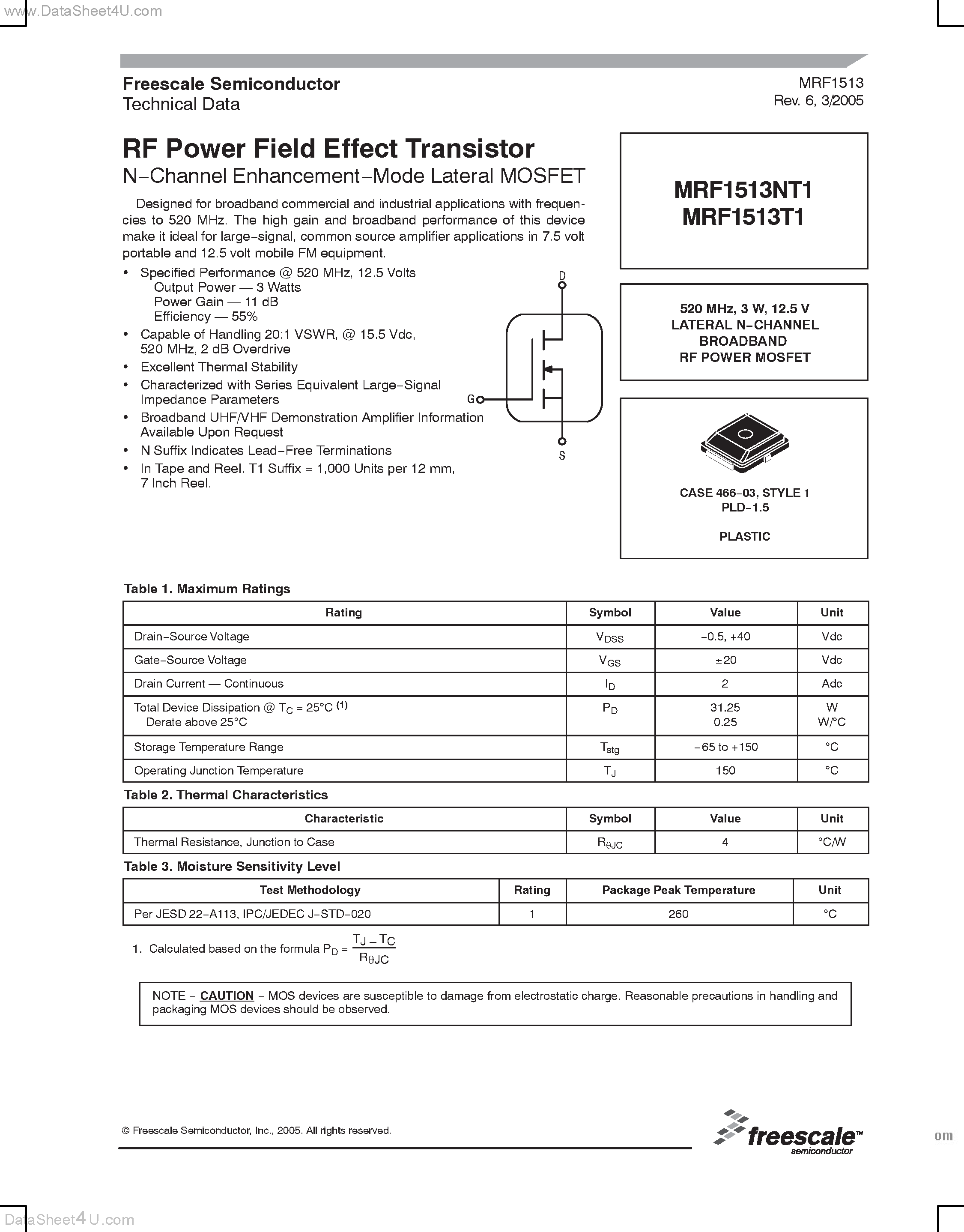 Datasheet MRF1513NT1 - RF Power Field Effect Transistor N-Channel Enhancement Mode Lateral MOSFET page 1