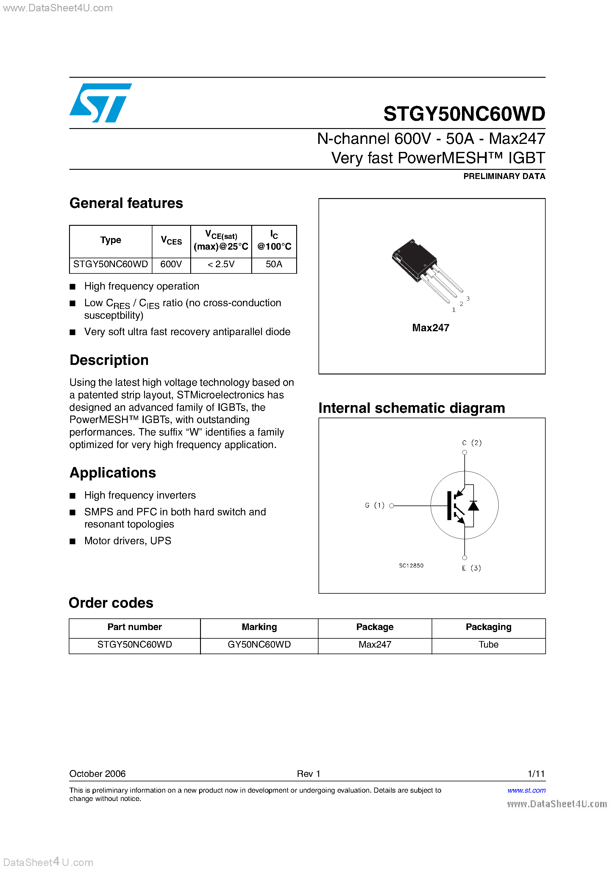 Datasheet STGY50NC60WD - N-Channel IGBT page 1