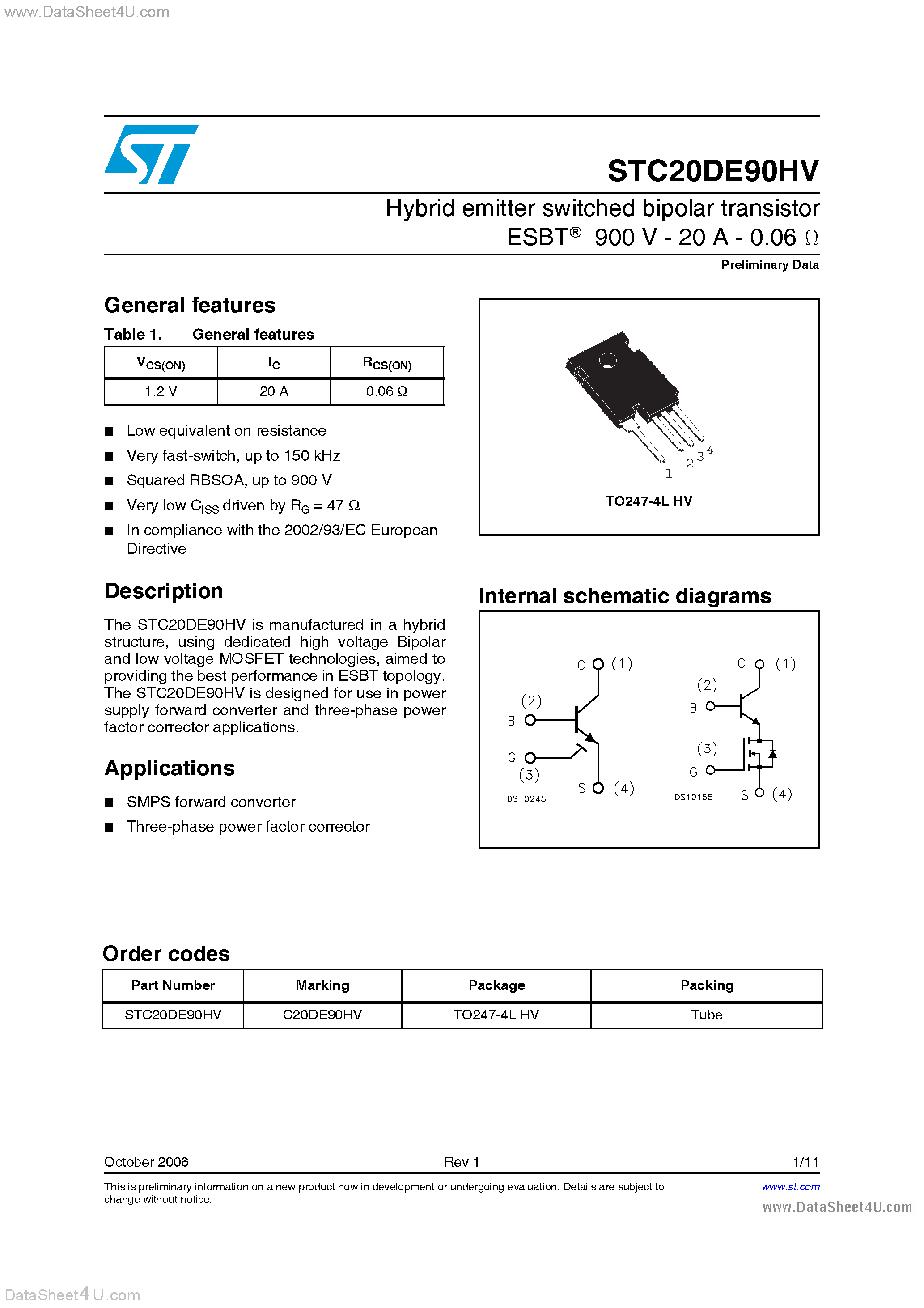 Datasheet STC20DE90HV page 1 Datasheet STC20DE90HV - Hybrid Emitter Switched Bipolar Transistor page 1