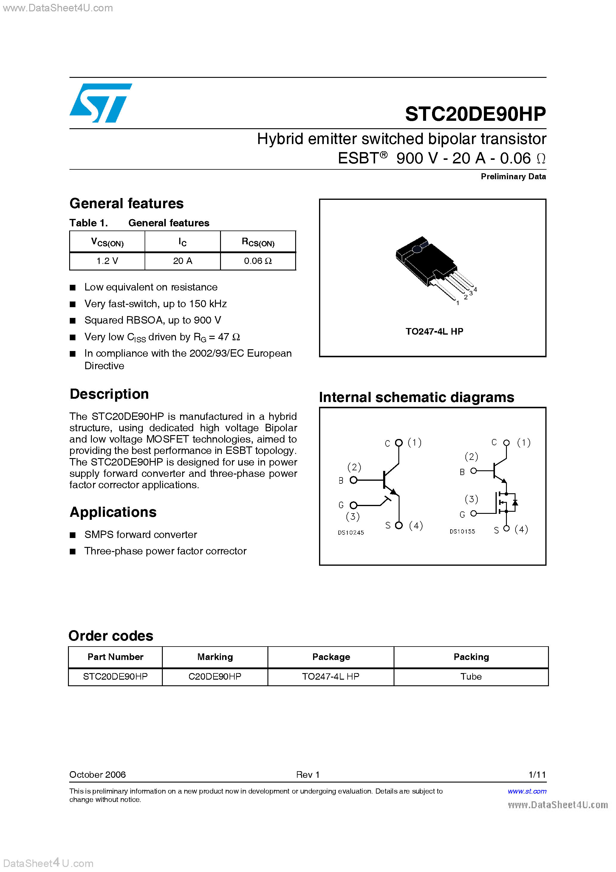 Datasheet STC20DE90HP page 1 Datasheet STC20DE90HP - Hybrid Emitter Switched Bipolar Transistor page 1