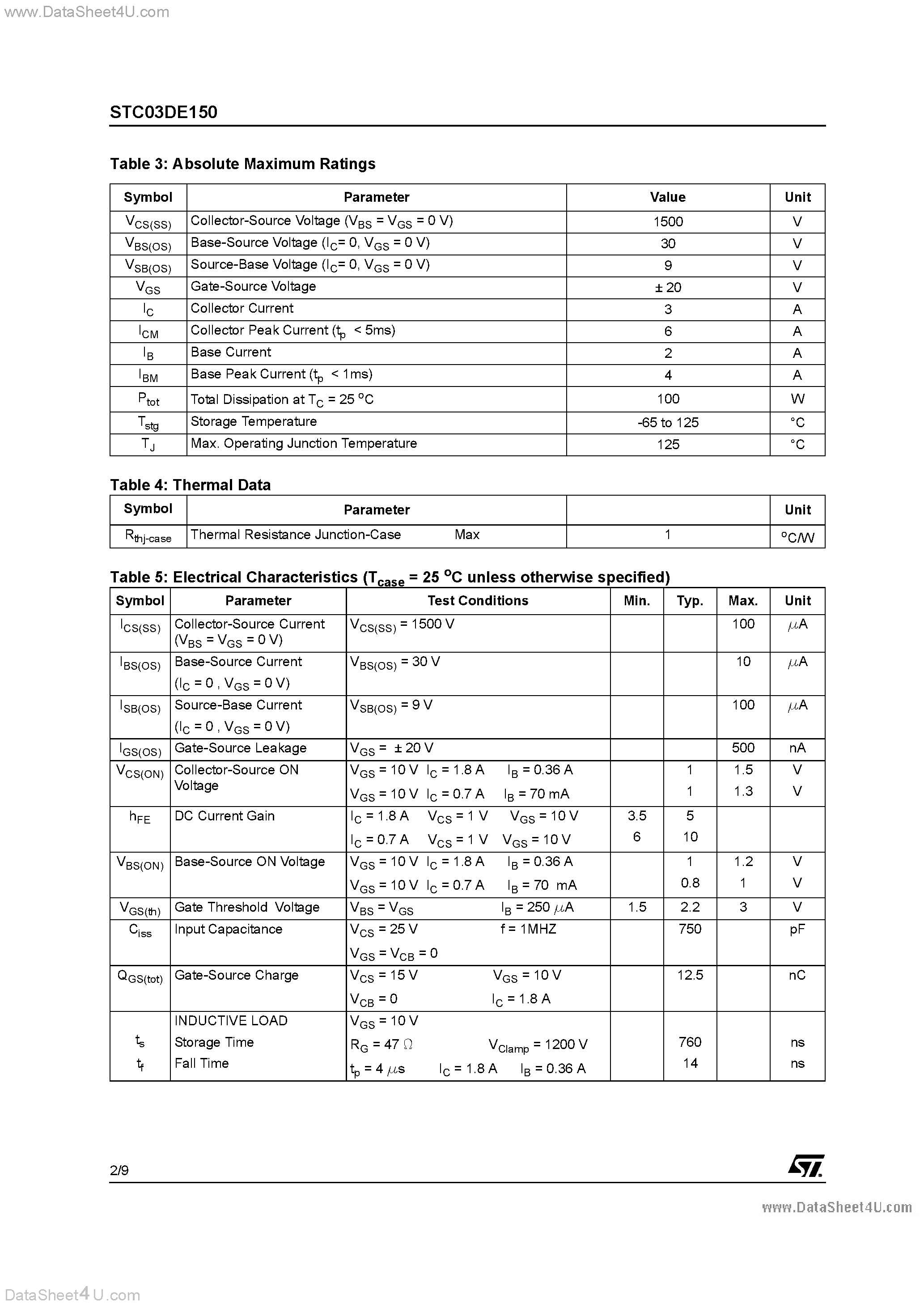 Datasheet STC03DE150 page 2 Datasheet STC03DE150 - HYBRID EMITTER SWITCHED BIPOLAR TRANSISTOR page 2