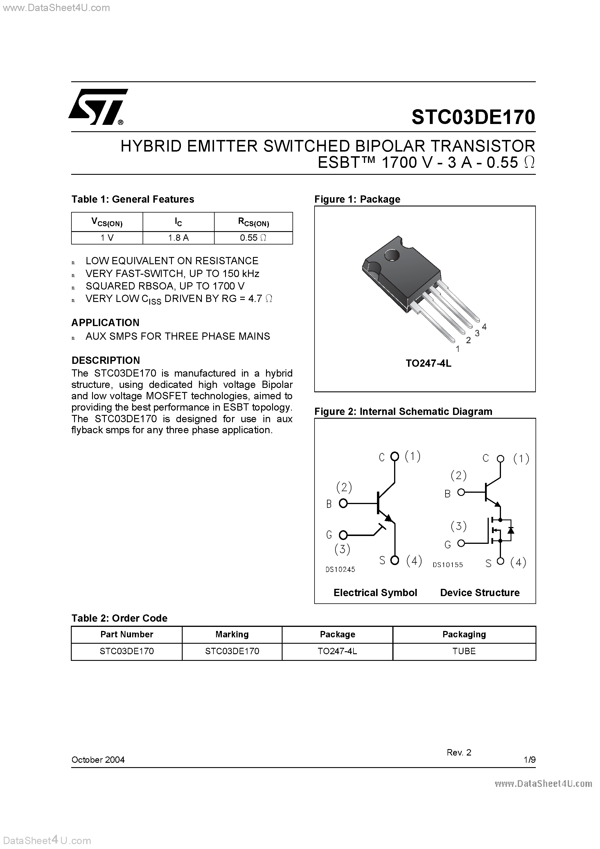 Datasheet STC03DE170 page 1 Datasheet STC03DE170 - HYBRID EMITTER SWITCHED BIPOLAR TRANSISTOR page 1