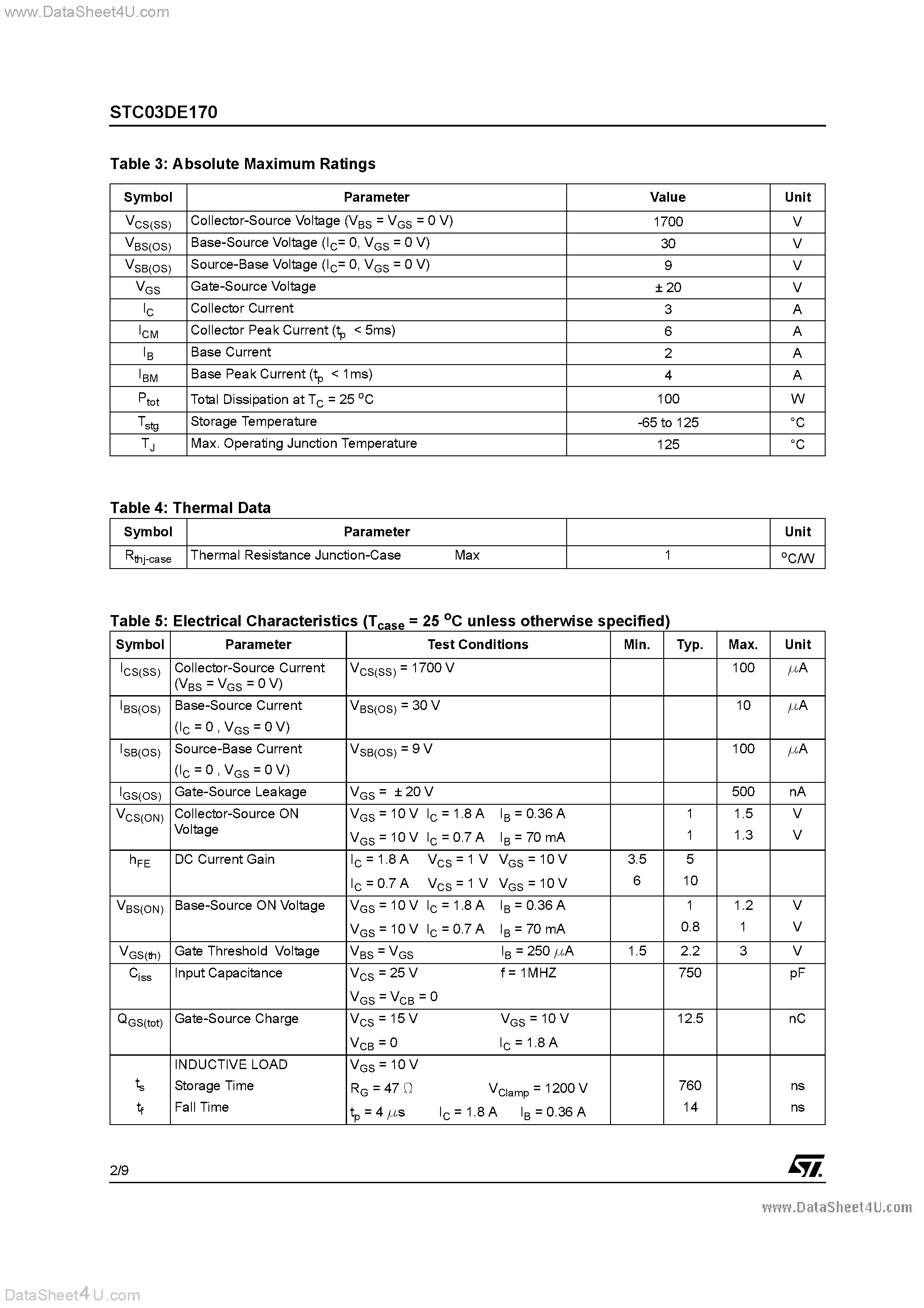 Datasheet STC03DE170 page 2 Datasheet STC03DE170 - HYBRID EMITTER SWITCHED BIPOLAR TRANSISTOR page 2