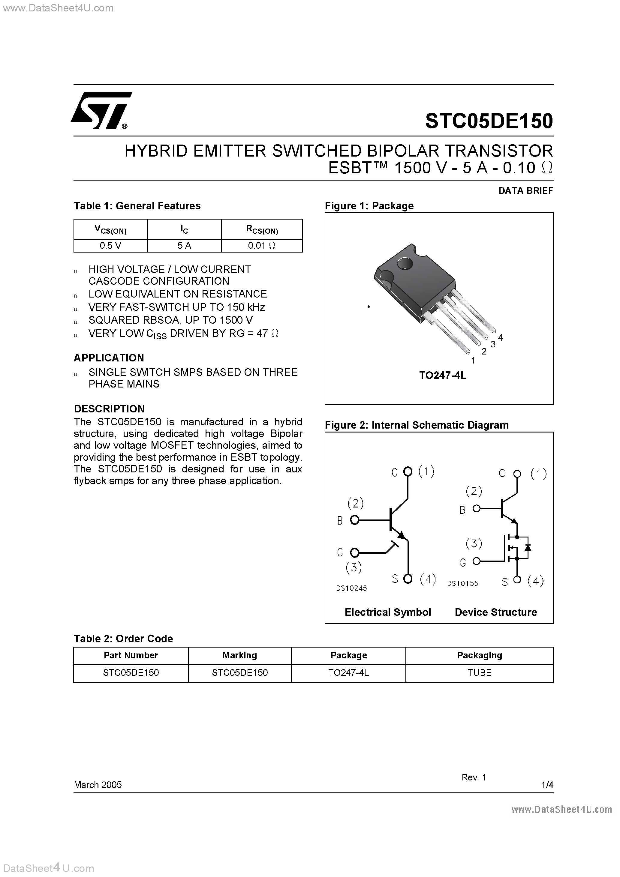 Datasheet STC05DE150 page 1 Datasheet STC05DE150 - HYBRID EMITTER SWITCHED BIPOLAR TRANSISTOR page 1