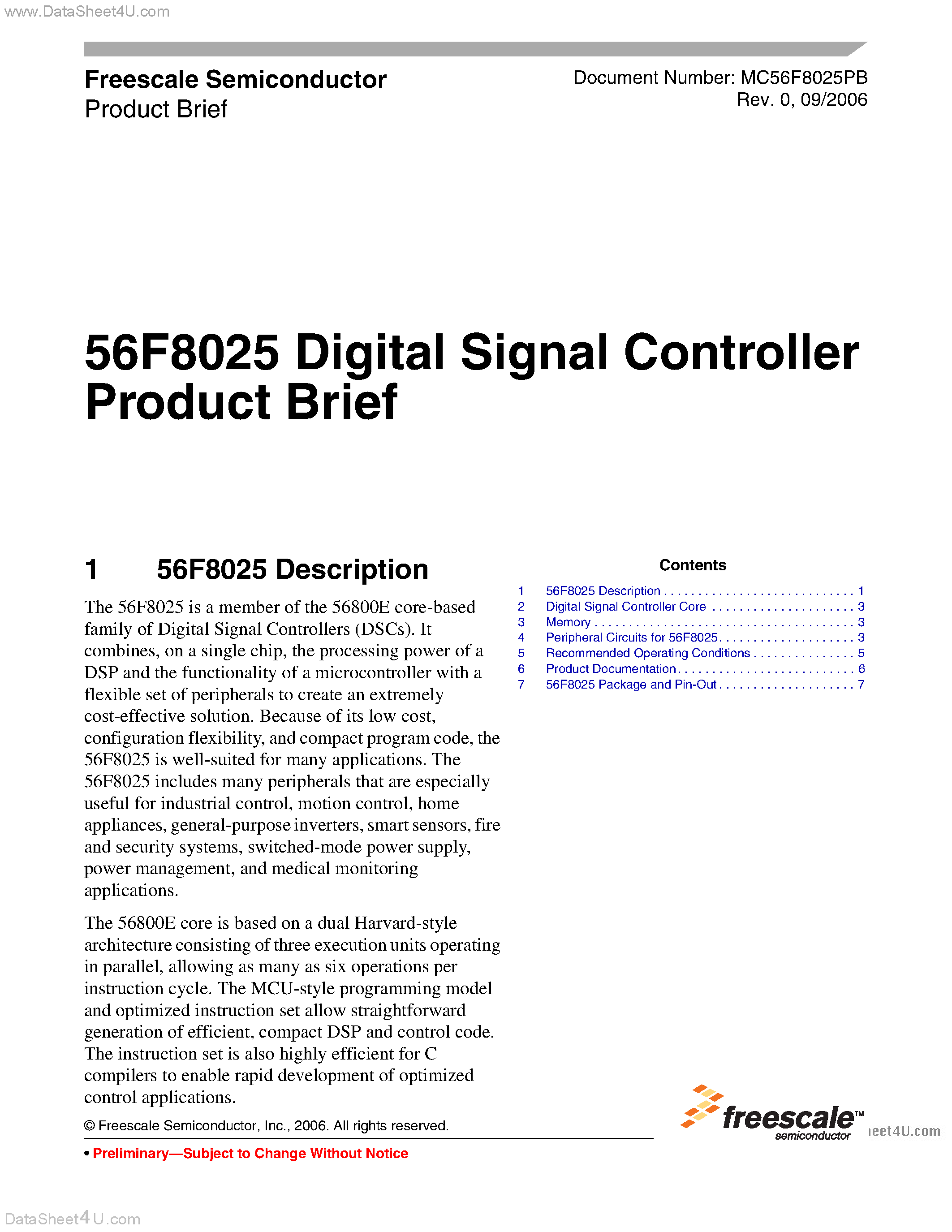 Datasheet MC56F8025 - Digital Signal Controller page 1