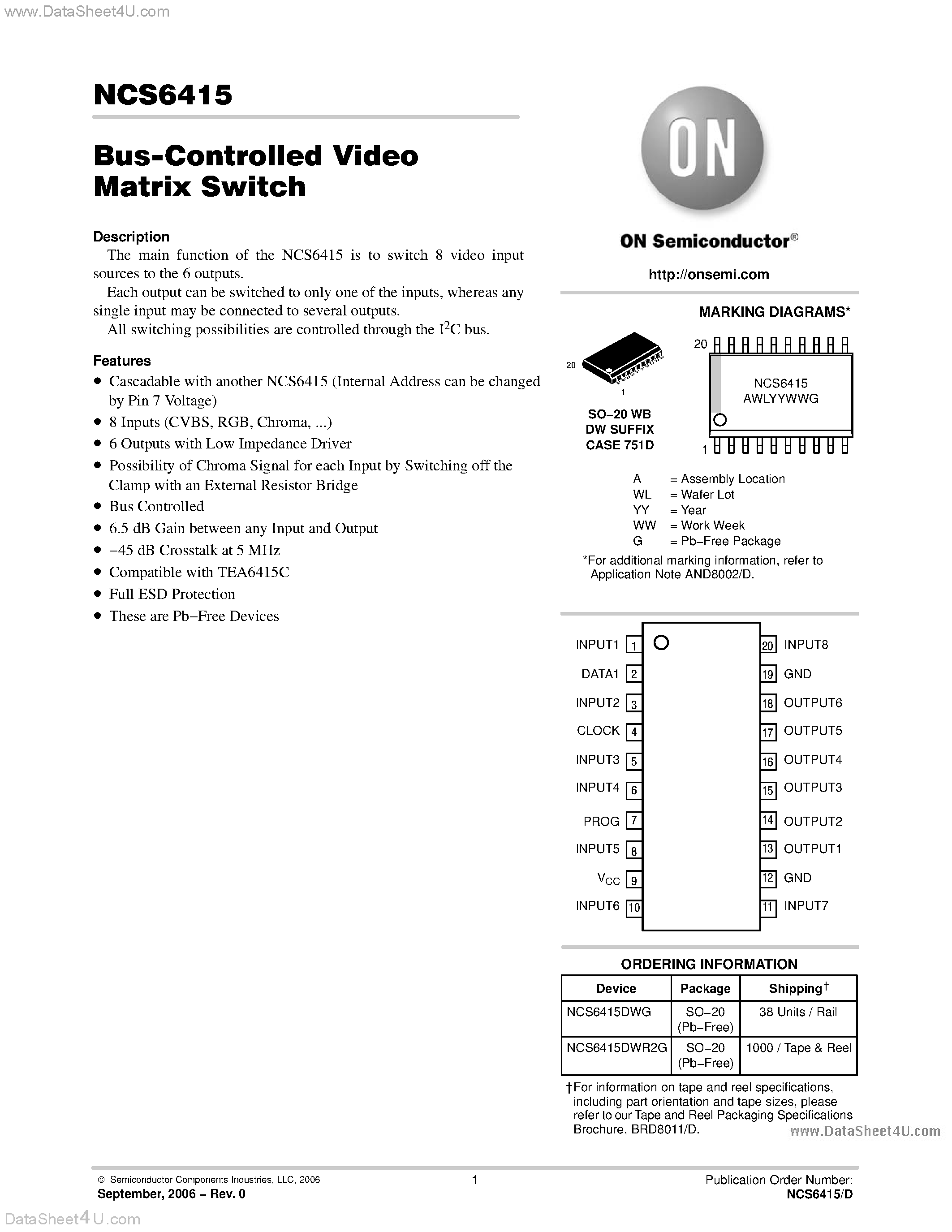 Datasheet NCS6415 page 1 Datasheet NCS6415 - Bus Controlled Video Matrix Switch page 1