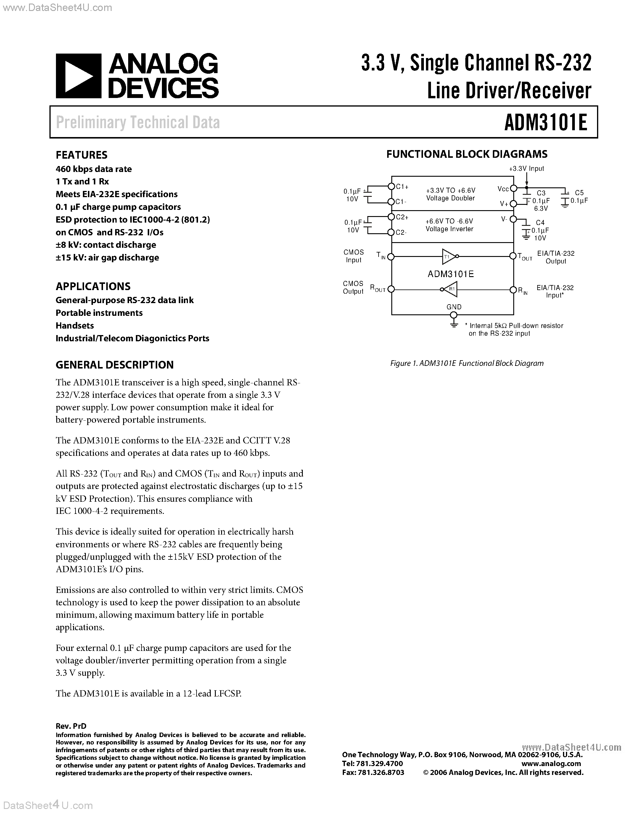 Datasheet ADM3101E - Single Channel RS-232 Line Driver / Receiver page 1