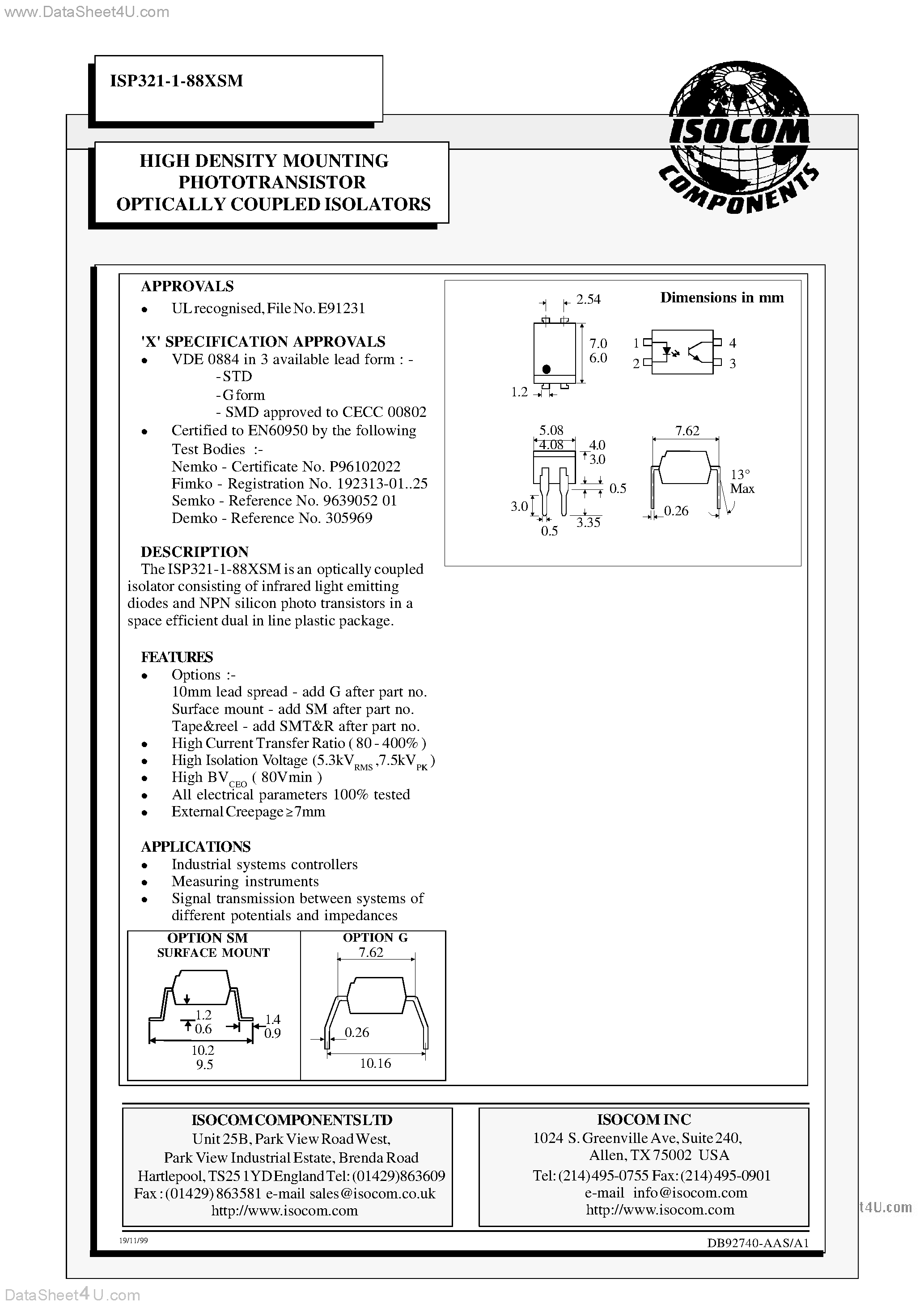 Даташит ISP321-1-88XSM - HIGH DENSITY MOUNTING PHOTOTRANSISTOR OPTICALLY COUPLED ISOLATORS страница 1