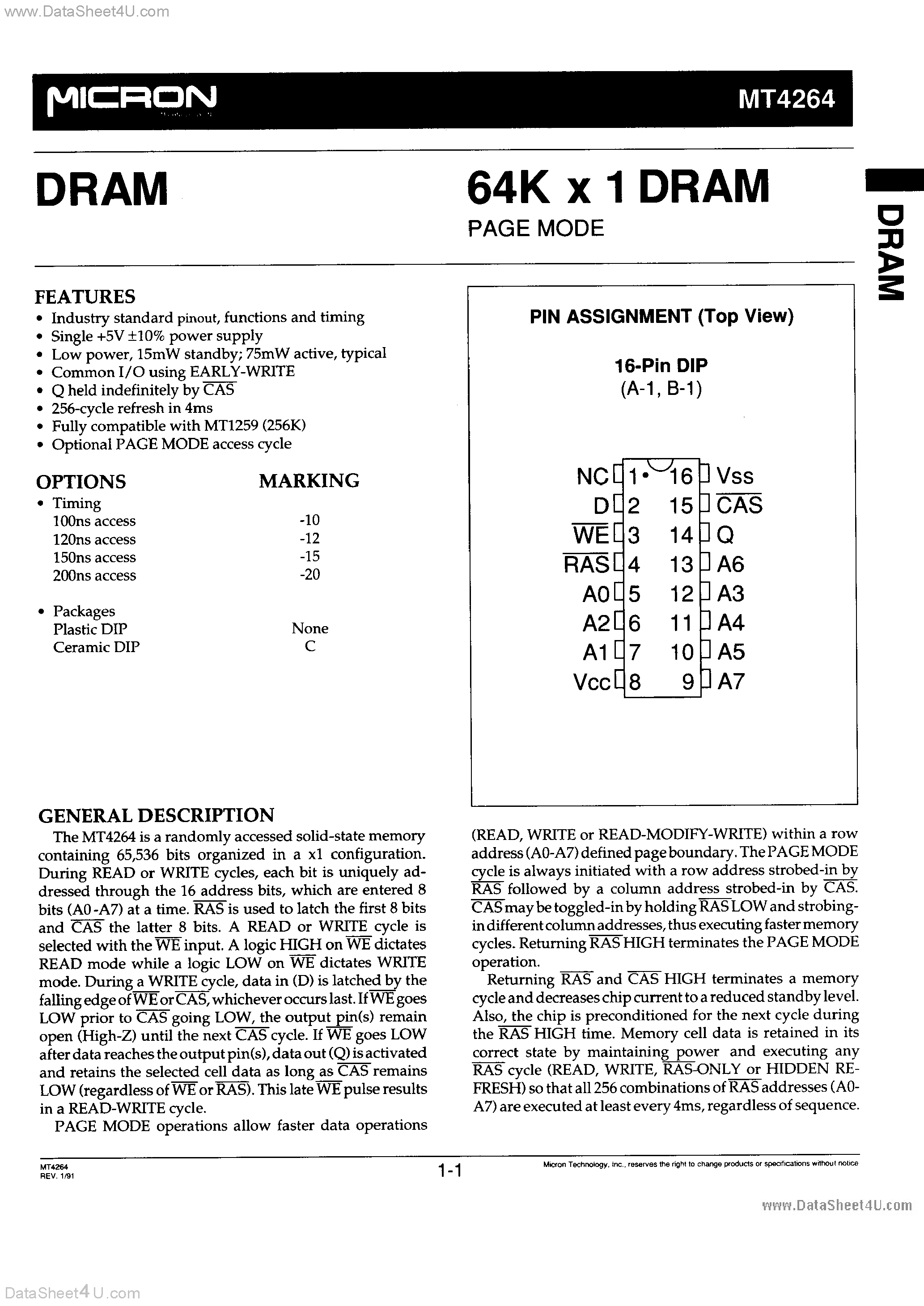 Datasheet MT4264 - 64K x 1 DRAM page 1