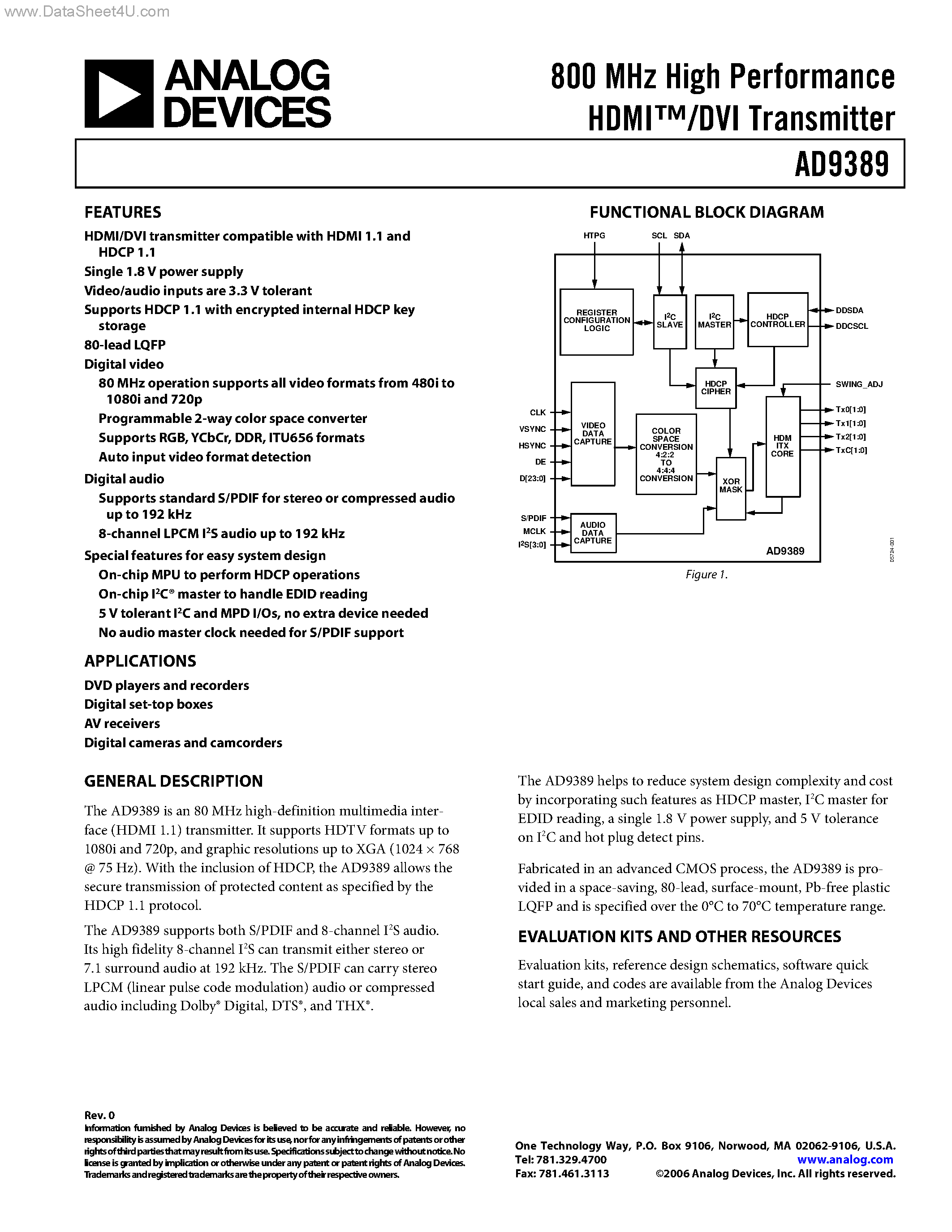 Datasheet AD9389 page 1 Datasheet AD9389 - 800 MHz High Performance HDMI/DVI Transmitter page 1