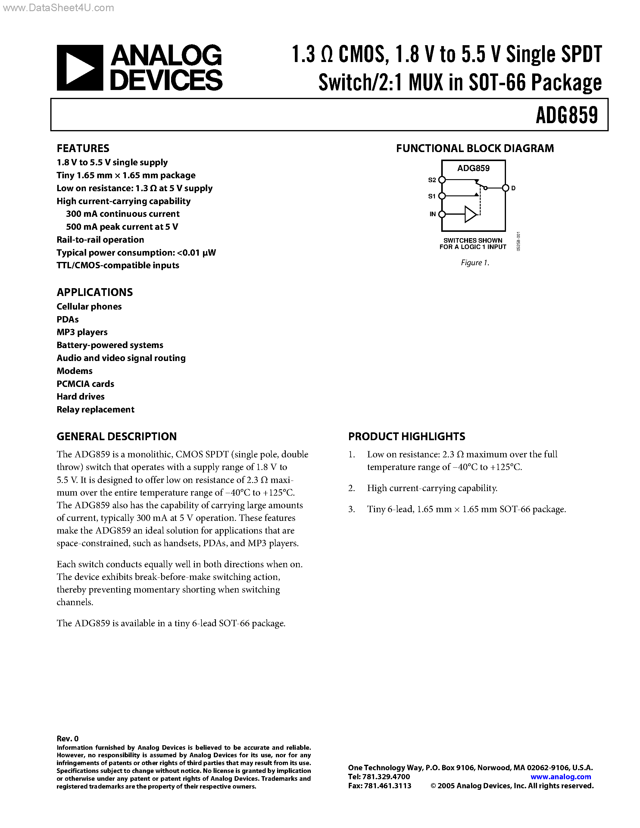 Datasheet ADG859 - 1.8 V to 5.5 V Single SPDT Switch/2:1 MUX page 1