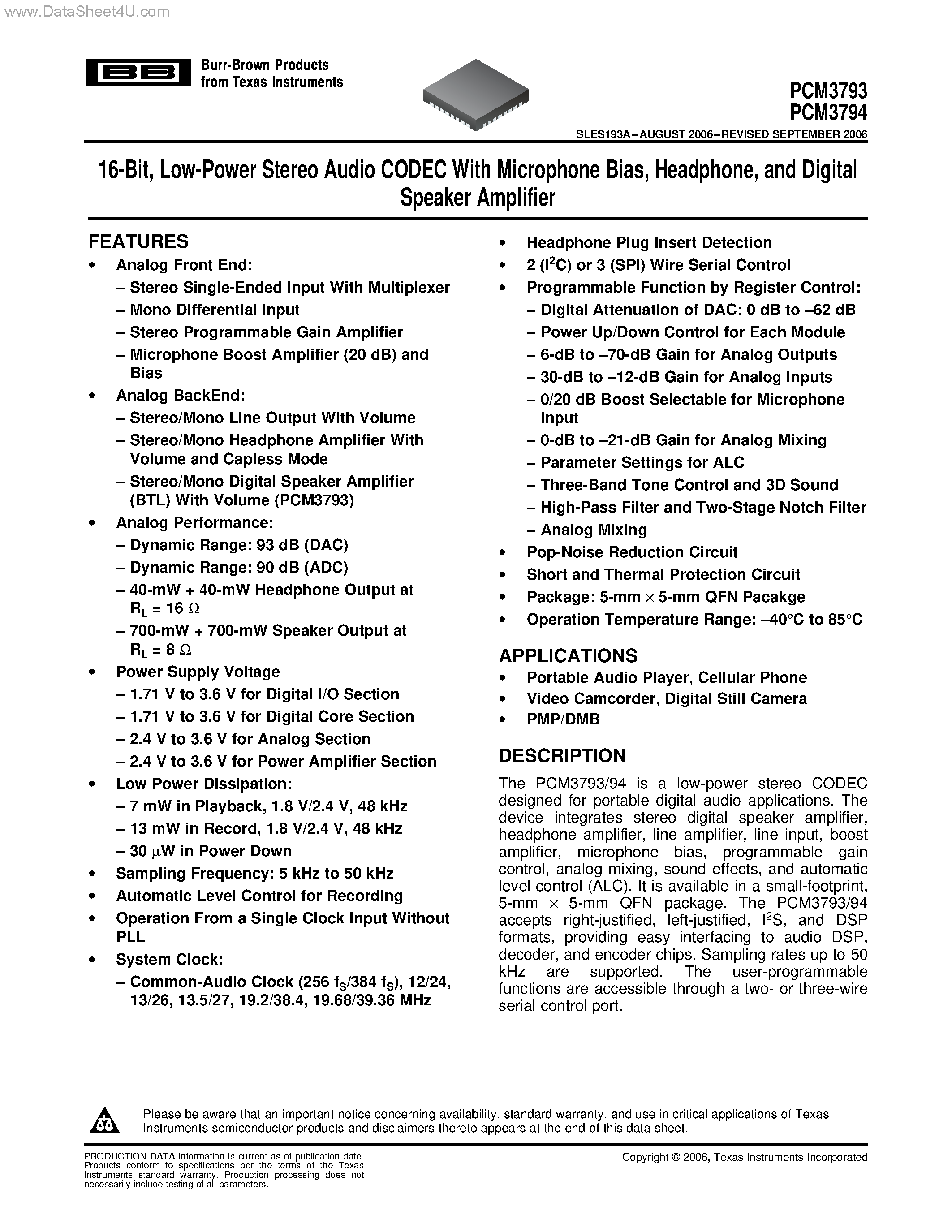 Даташит PCM3793 - (PCM3793 / PCM3794) Low-Power Stereo Audio CODEC страница 1