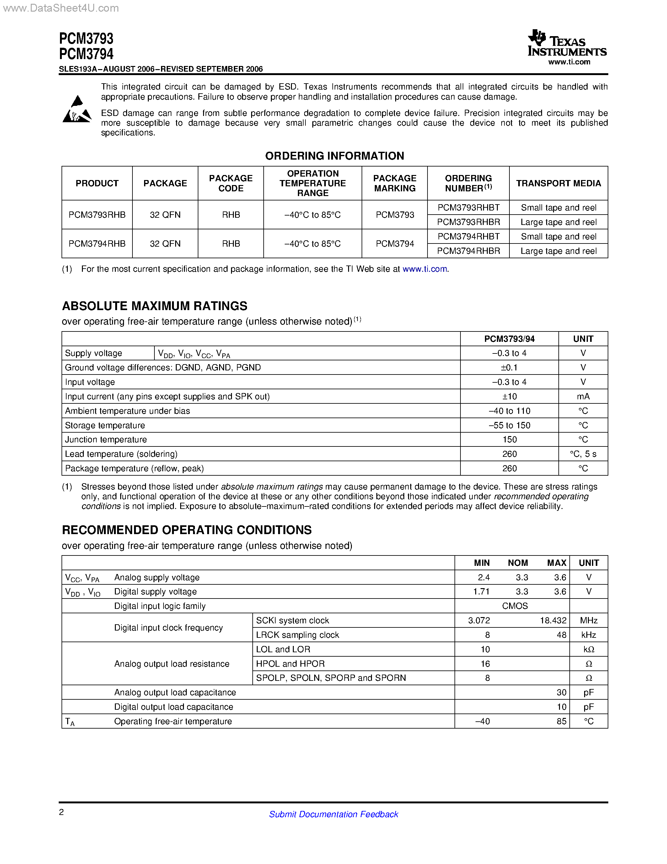 Даташит PCM3793 - (PCM3793 / PCM3794) Low-Power Stereo Audio CODEC страница 2