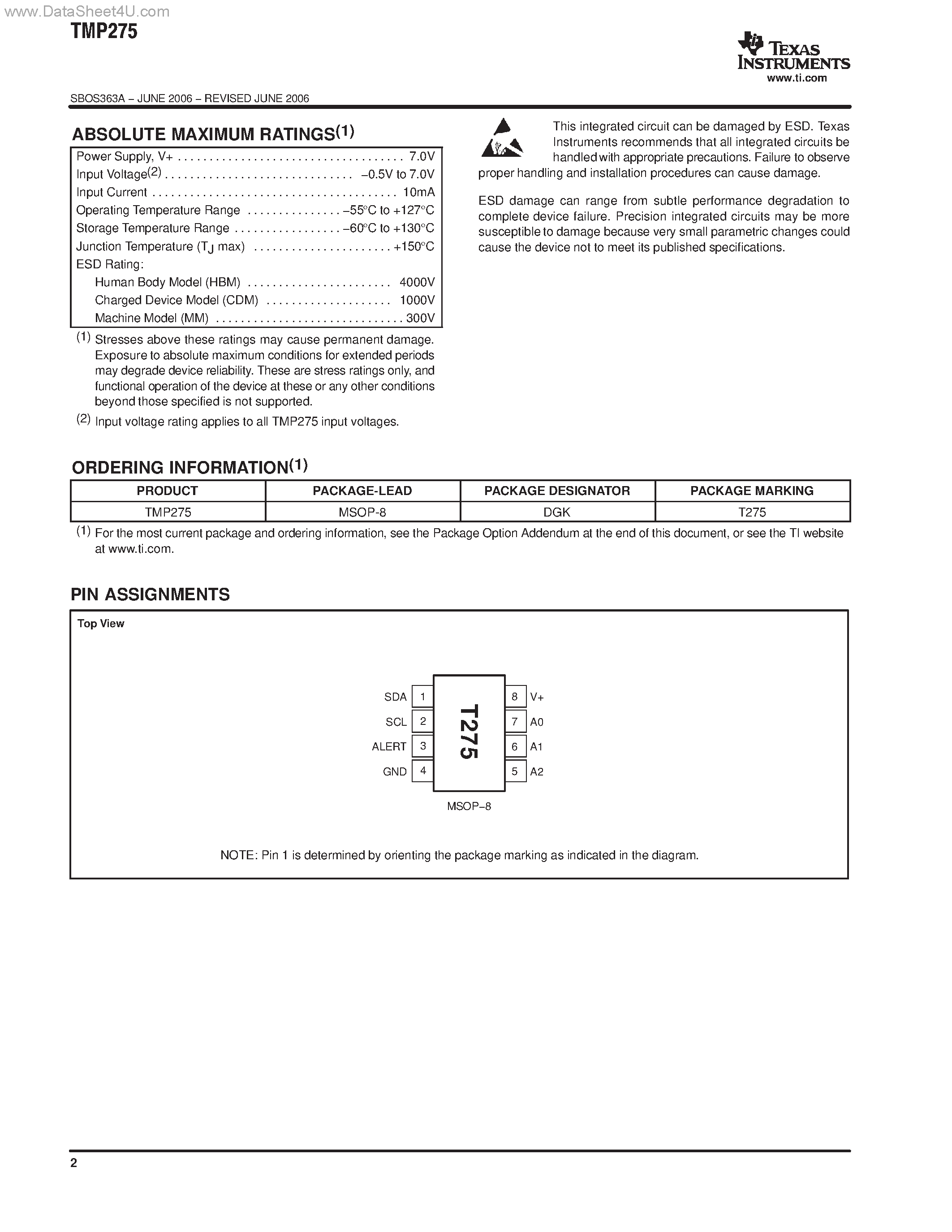 Даташит TMP275 - Digital Out Temperature Sensor страница 2