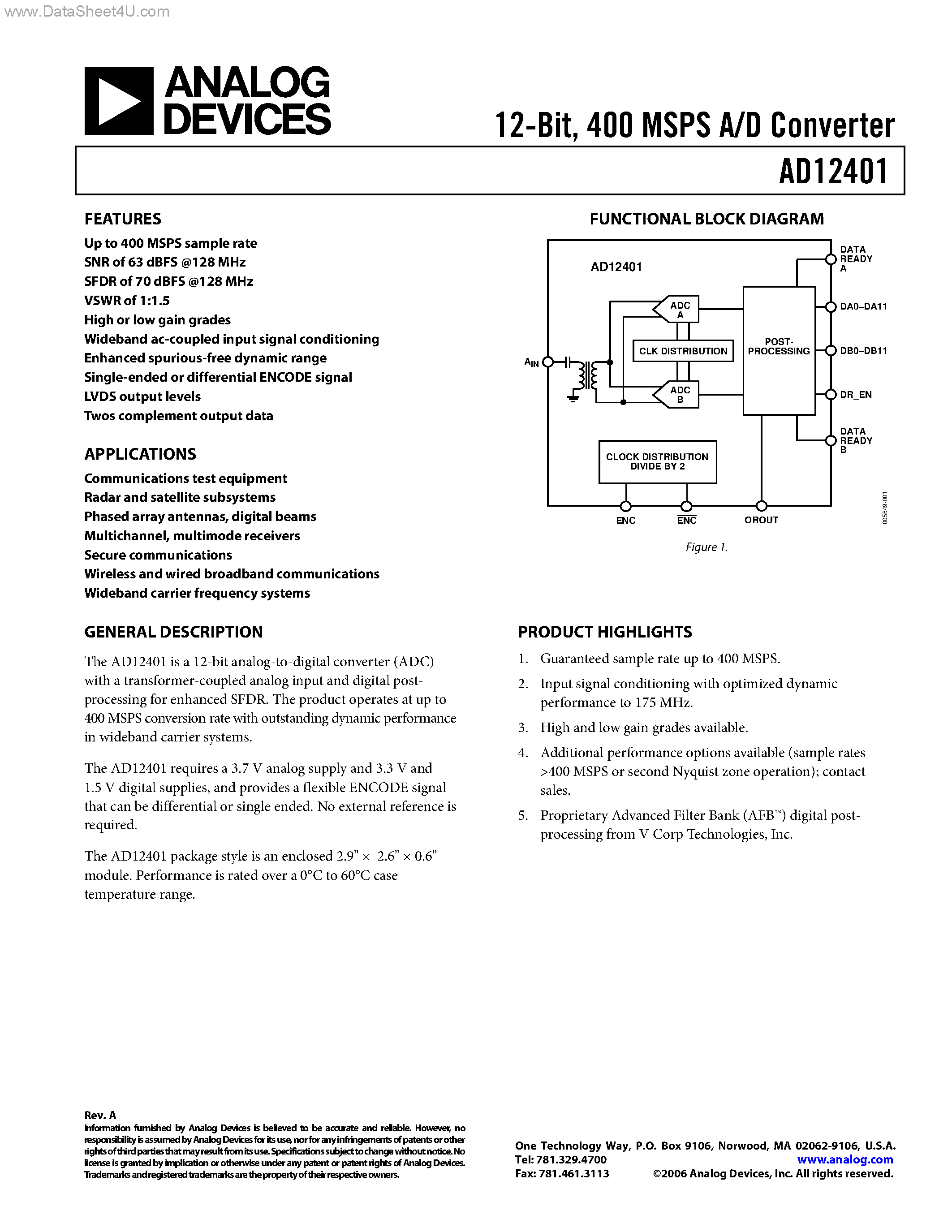 Datasheet AD12401 - 400 MSPS A/D Converter page 1