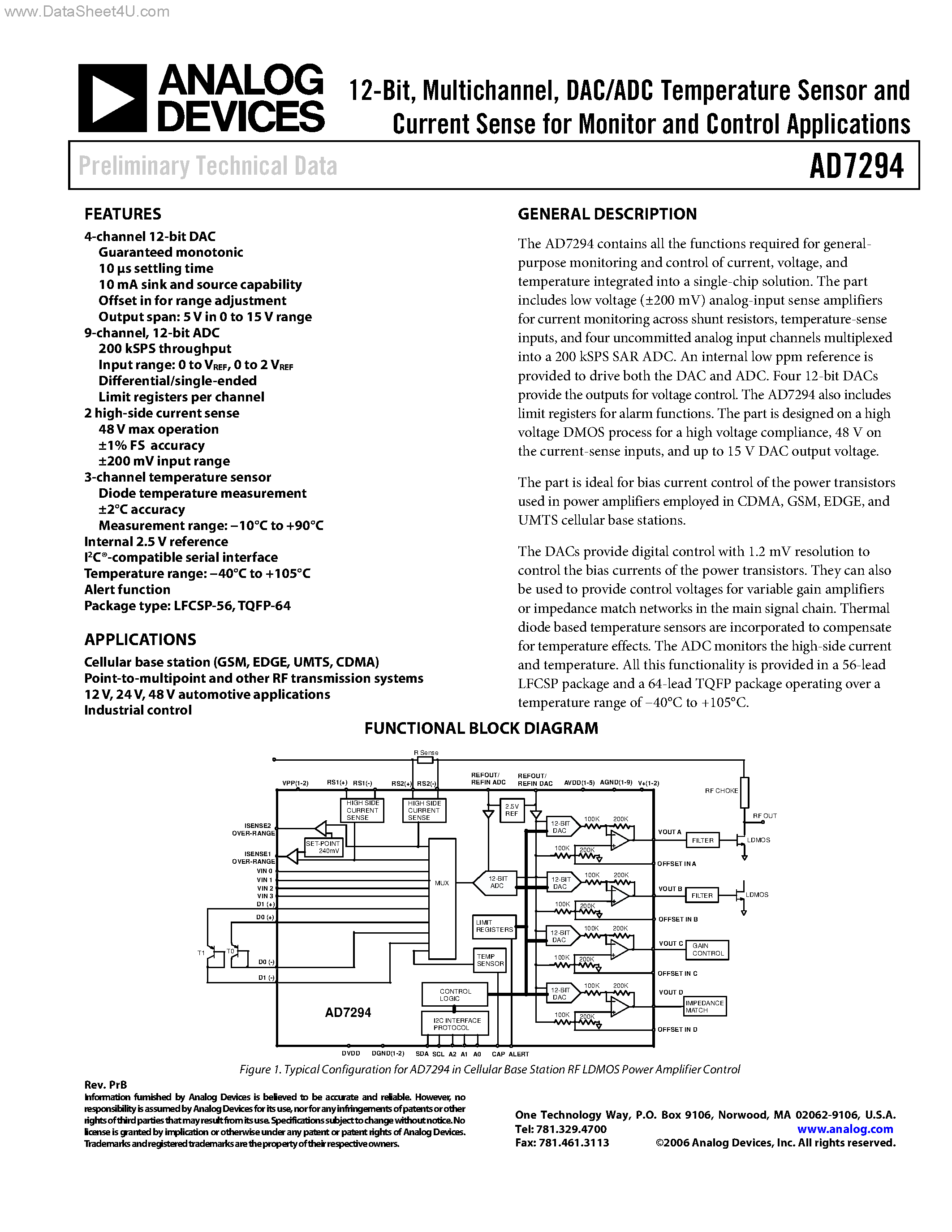 Datasheet AD7294 page 1 Datasheet AD7294 - DAC/ADC Temperature Sensor and Current Sense page 1