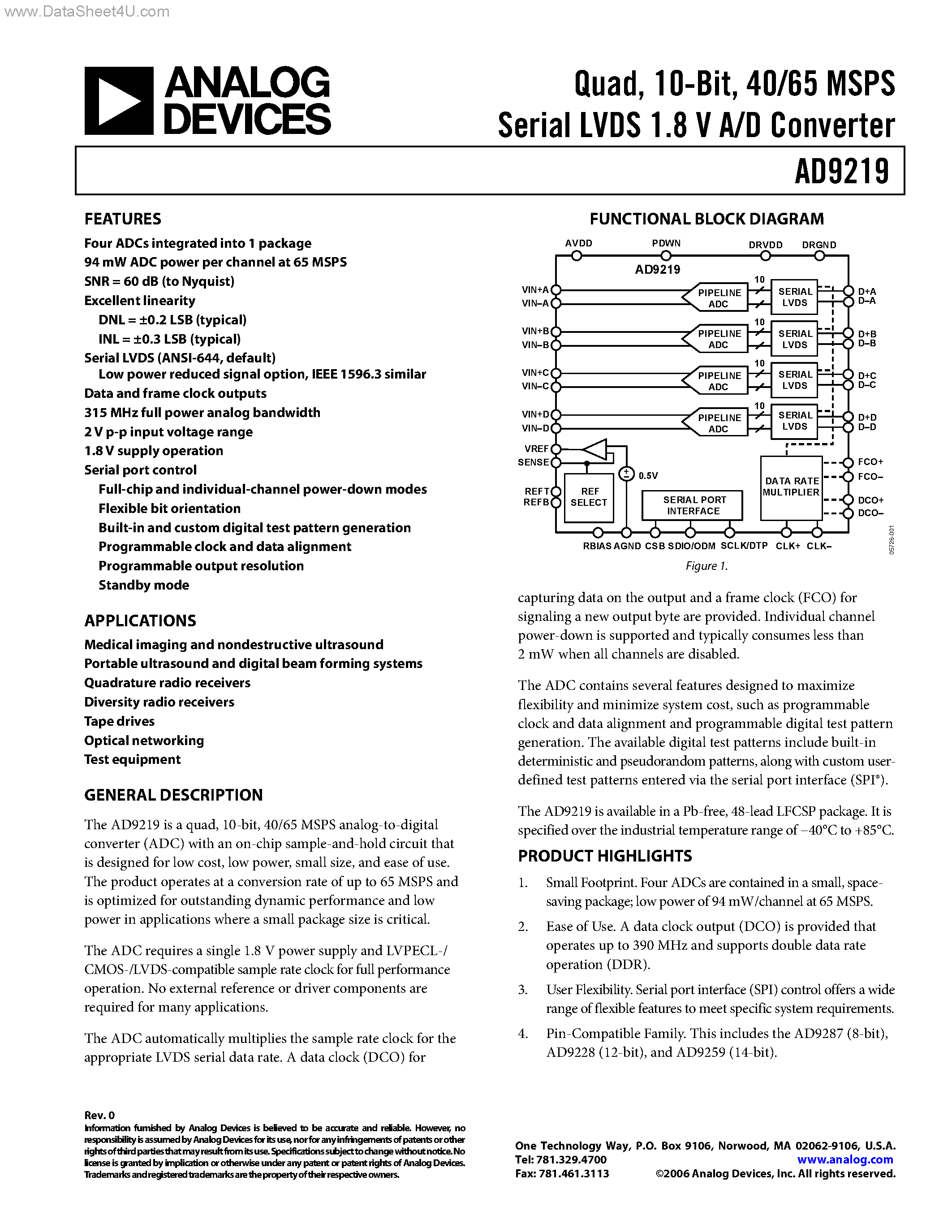 Datasheet AD9219 - 40/65 MSPS Serial LVDS 1.8 V A/D Converter page 1