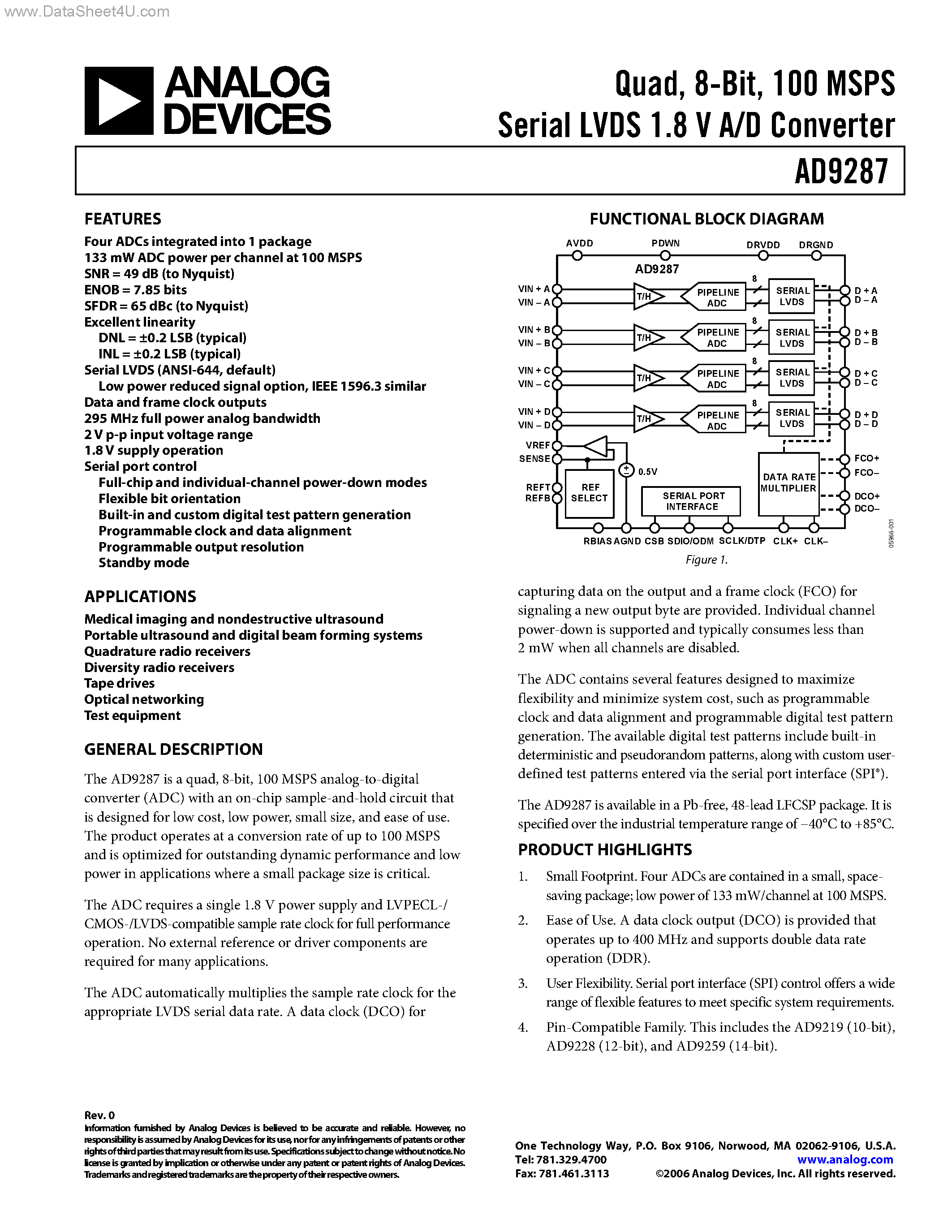 Datasheet AD9287 page 1 Datasheet AD9287 - 100 MSPS Serial LVDS 1.8 V A/D Converter page 1