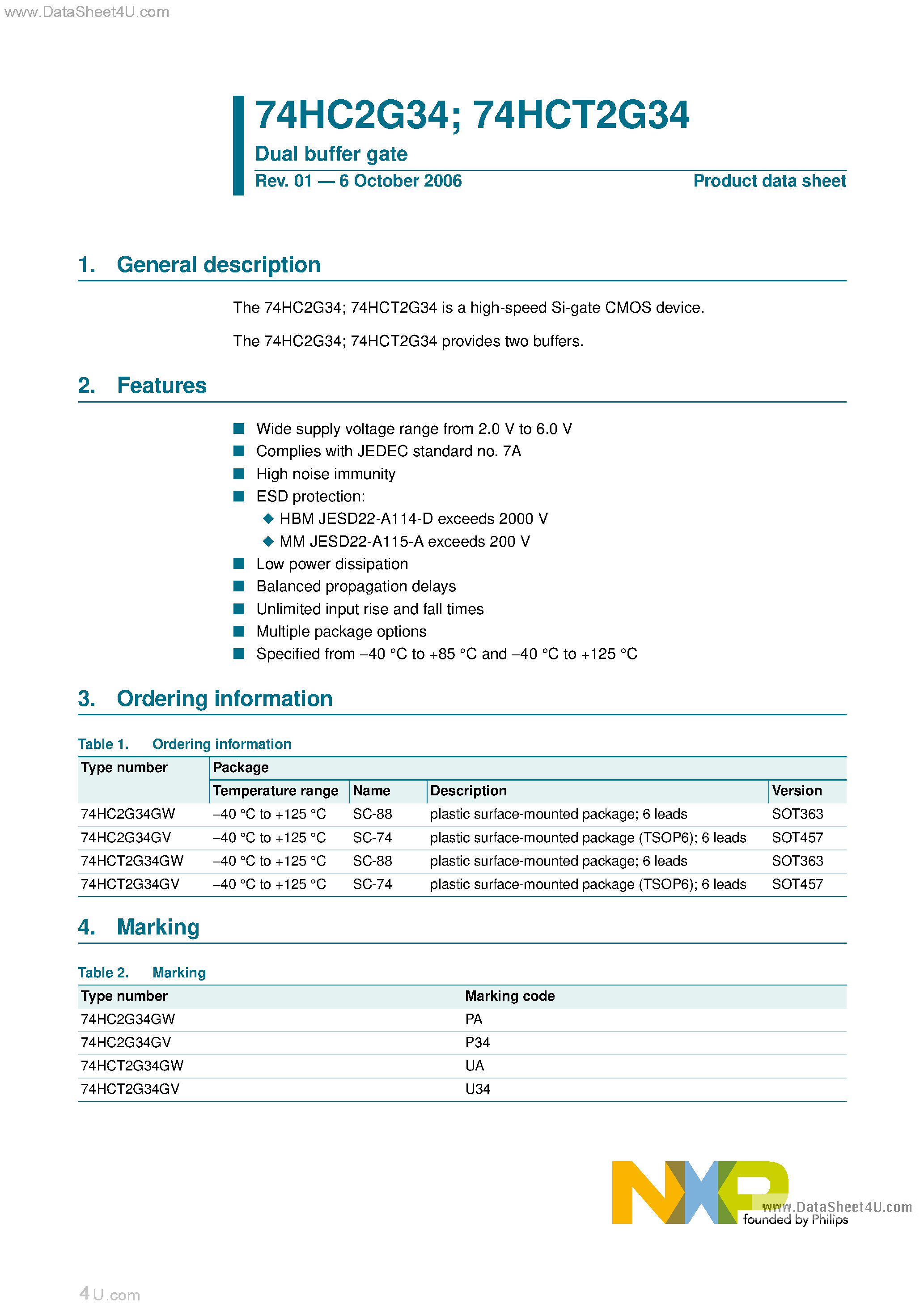 Datasheet 74HC2G34 page 1 Datasheet 74HC2G34 - Dual Buffer Gate page 1