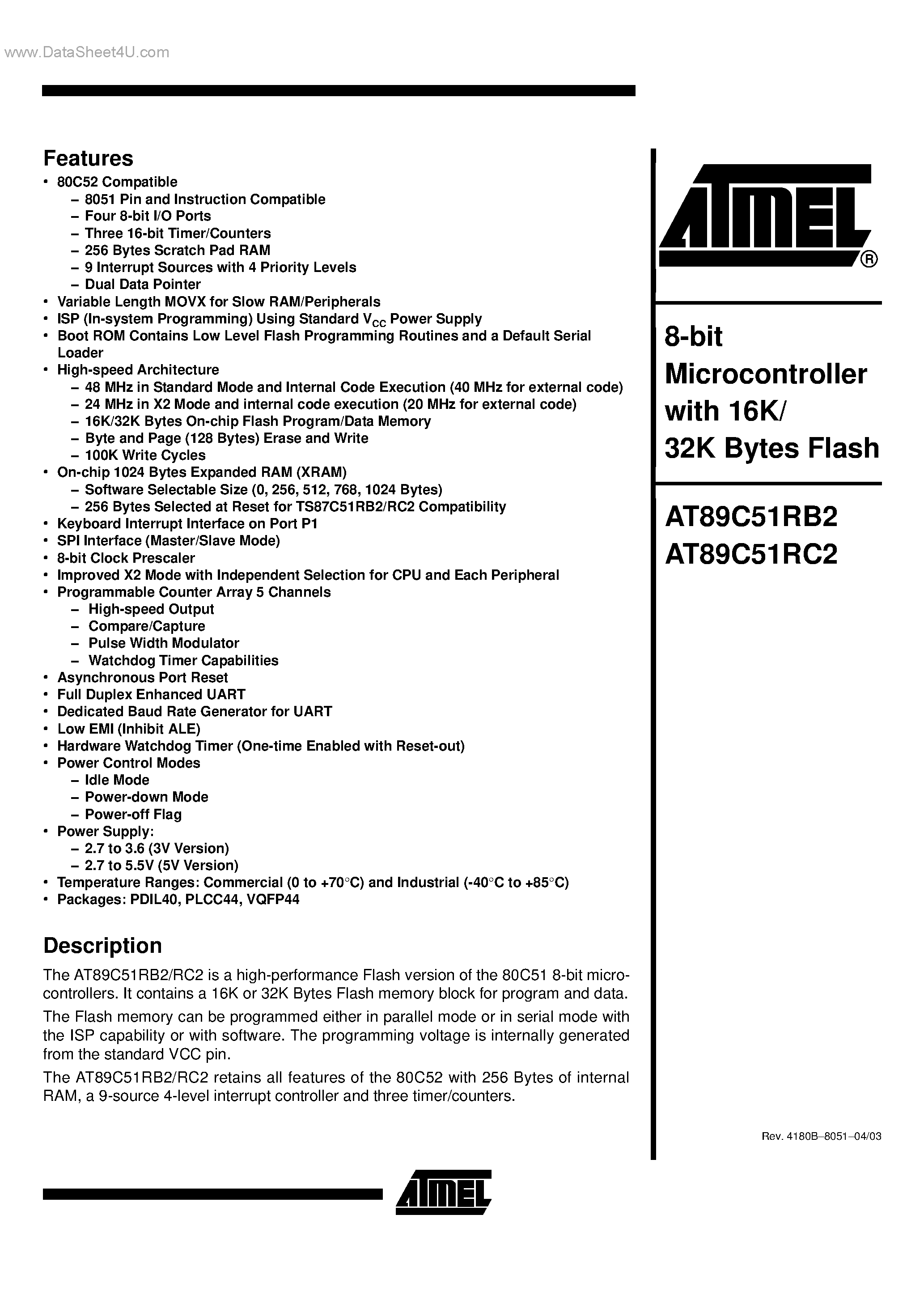Datasheet AT89C51RC2 - (AT89C51RB2 / AT89C51RC2) 8-bit Microcontroller page 1
