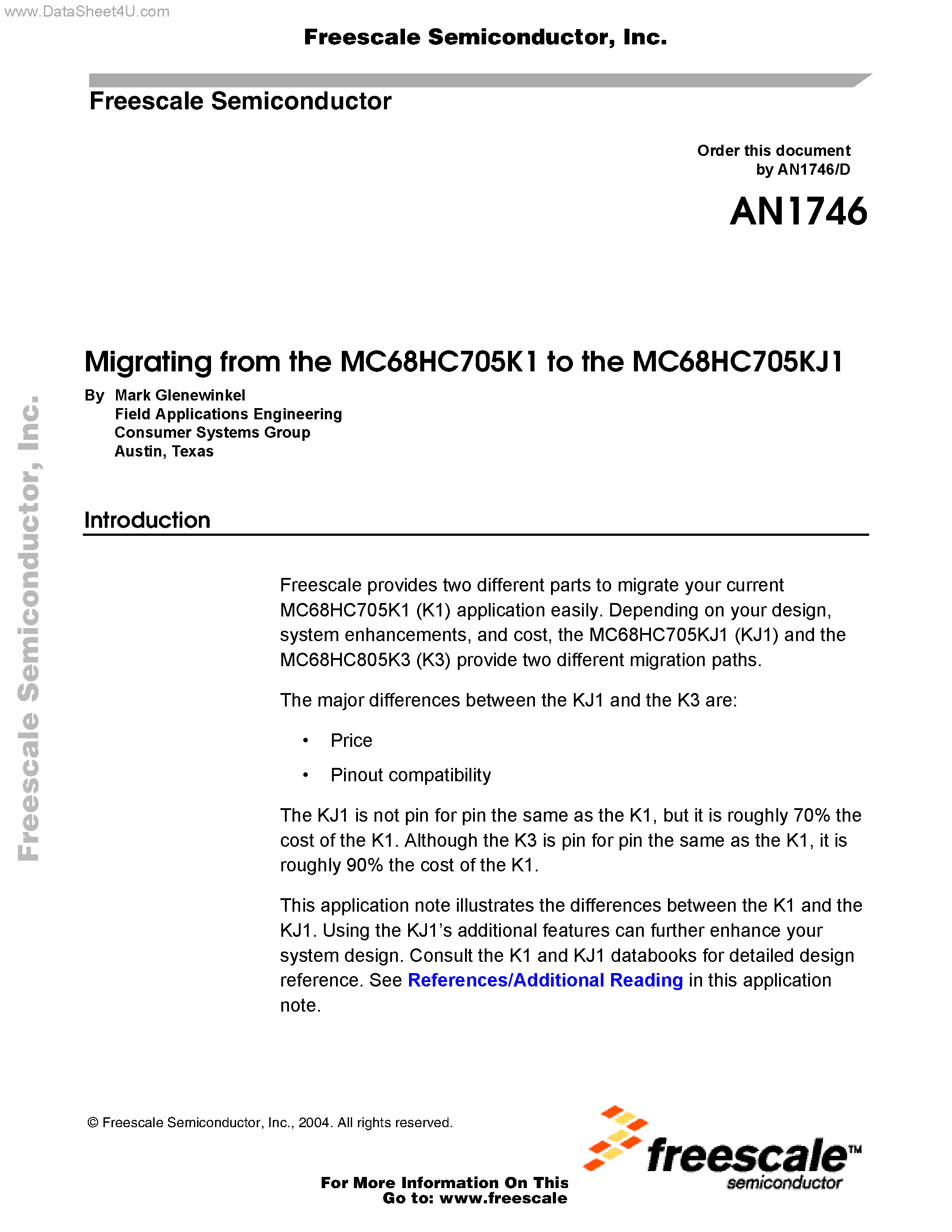 Даташит на микросхему AN1746 страница 1 Даташит AN1746 - Migrating from the MC68HC705K1 to the MC68HC705KJ1 страница 1