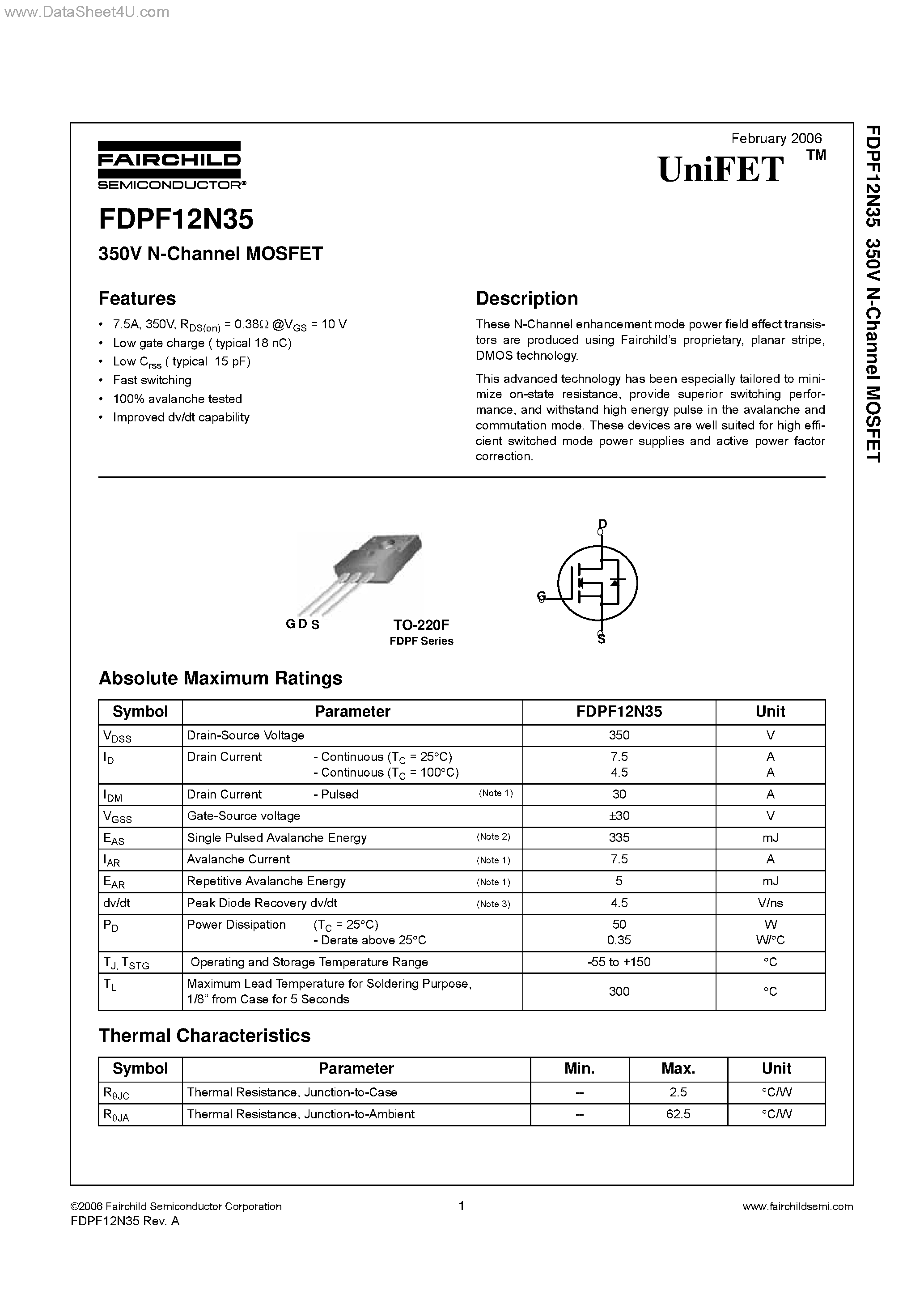 Datasheet FDPF12N35 - N-Channel MOSFET page 1