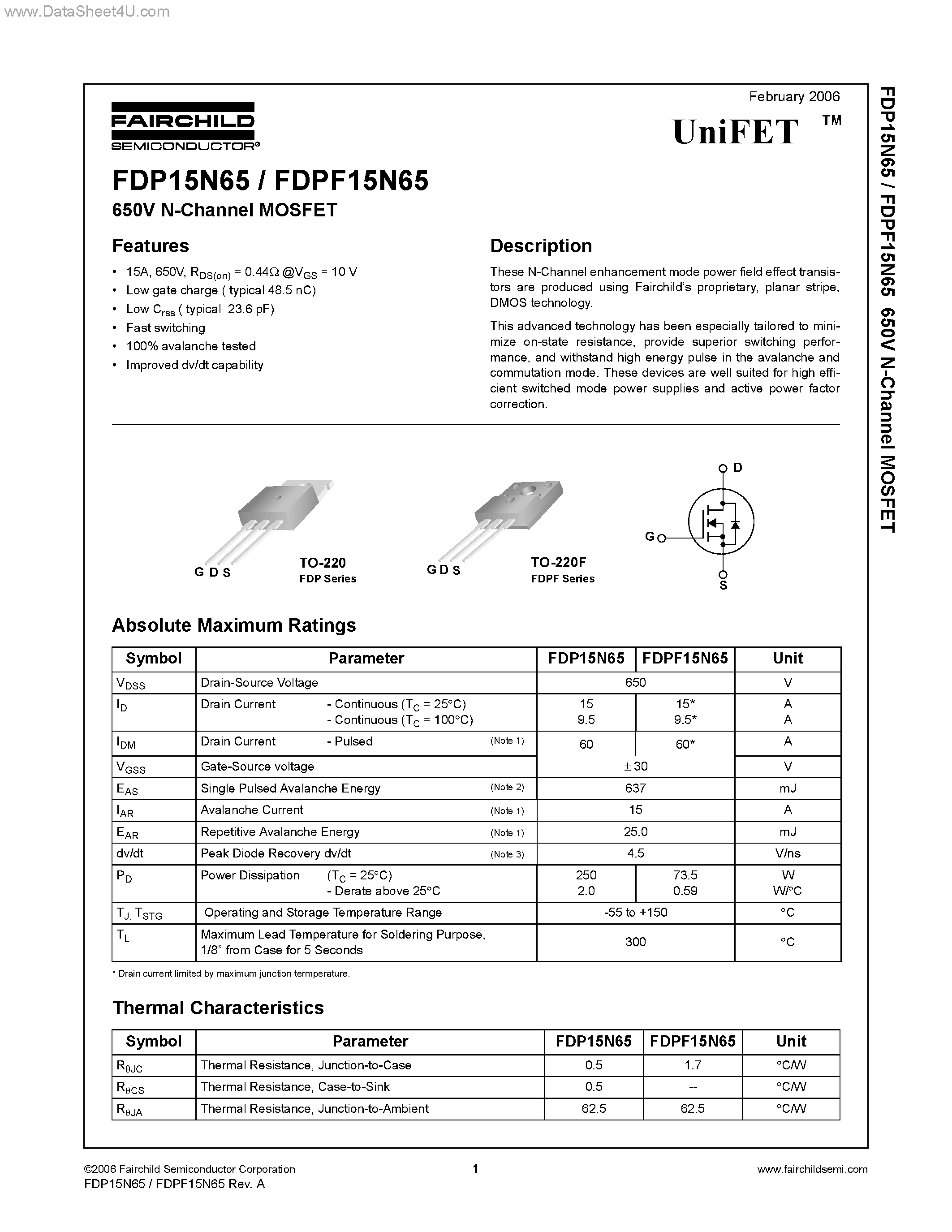 Datasheet FDPF15N65 - N-Channel MOSFET page 1