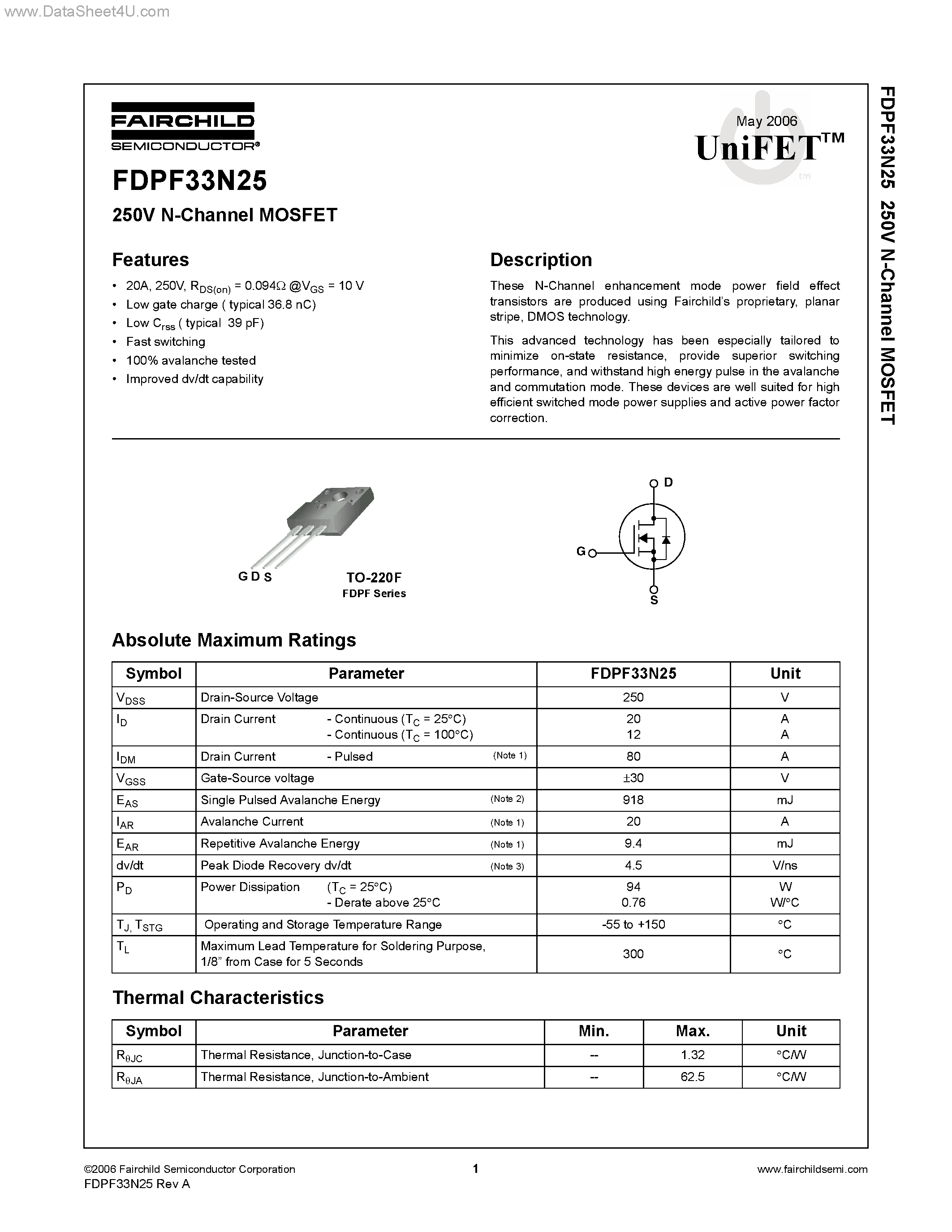 Datasheet FDPF33N25 - N-Channel MOSFET page 1