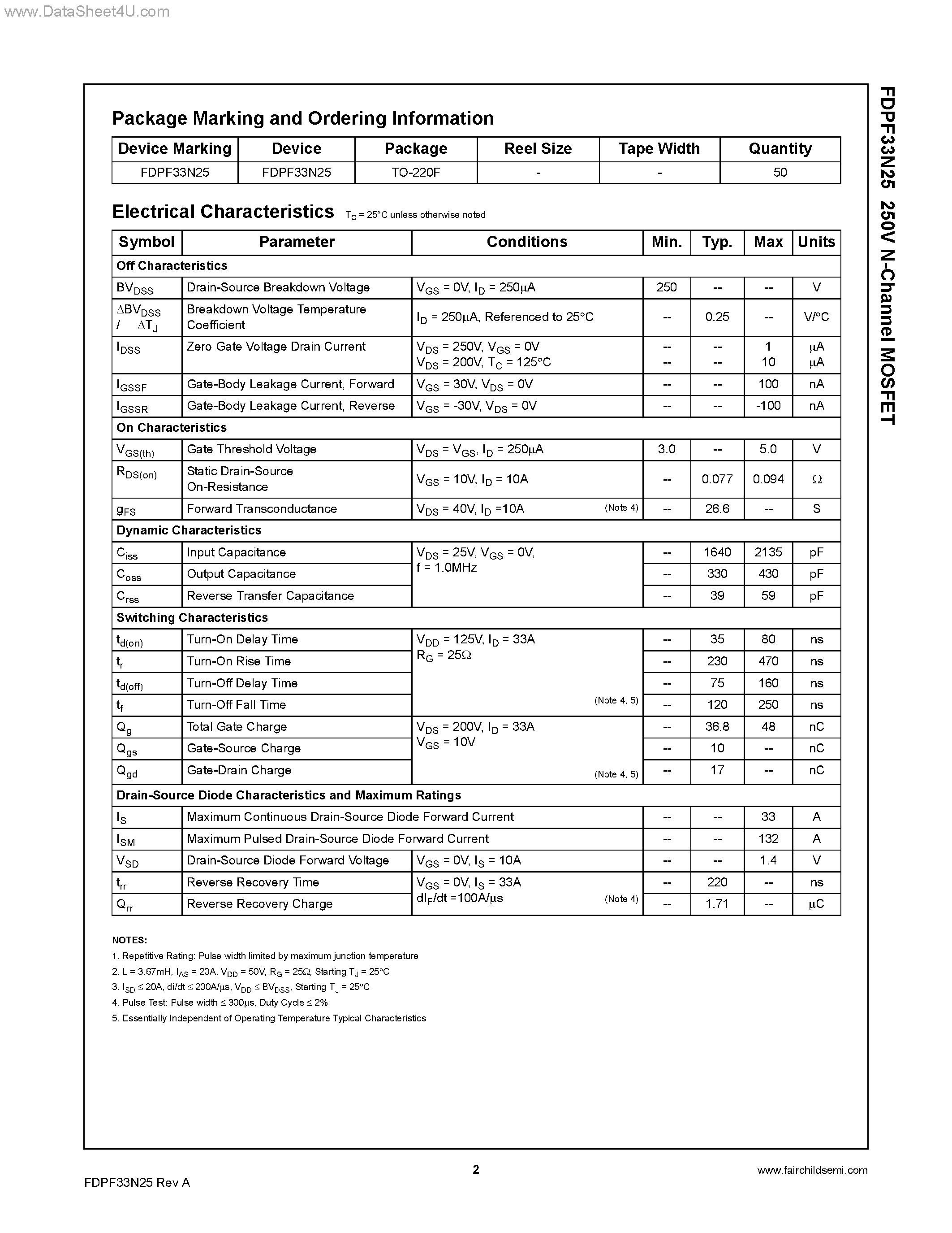 Datasheet FDPF33N25 - N-Channel MOSFET page 2
