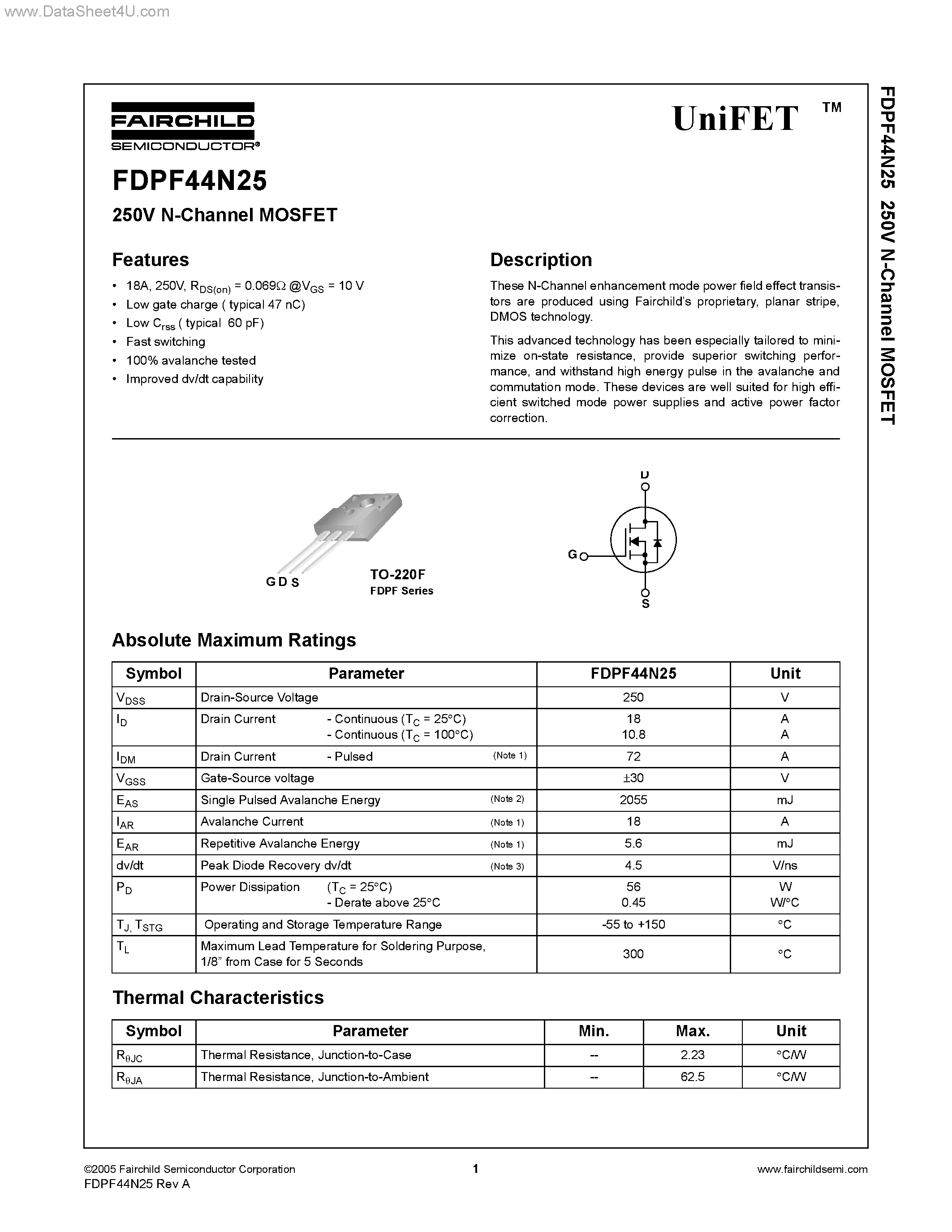 Datasheet FDPF44N25 - N-Channel MOSFET page 1