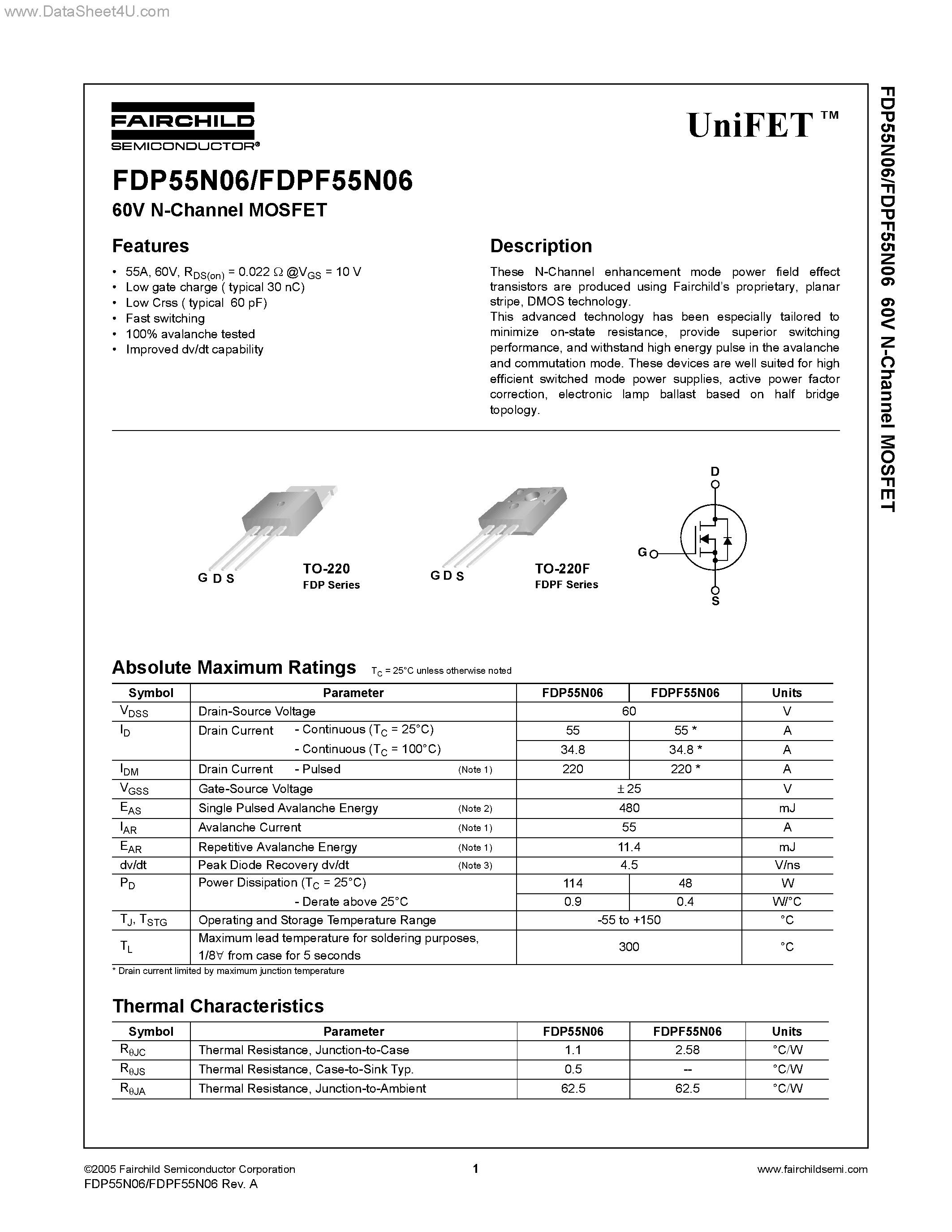 Datasheet FDP55N06 - N-Channel MOSFET page 1