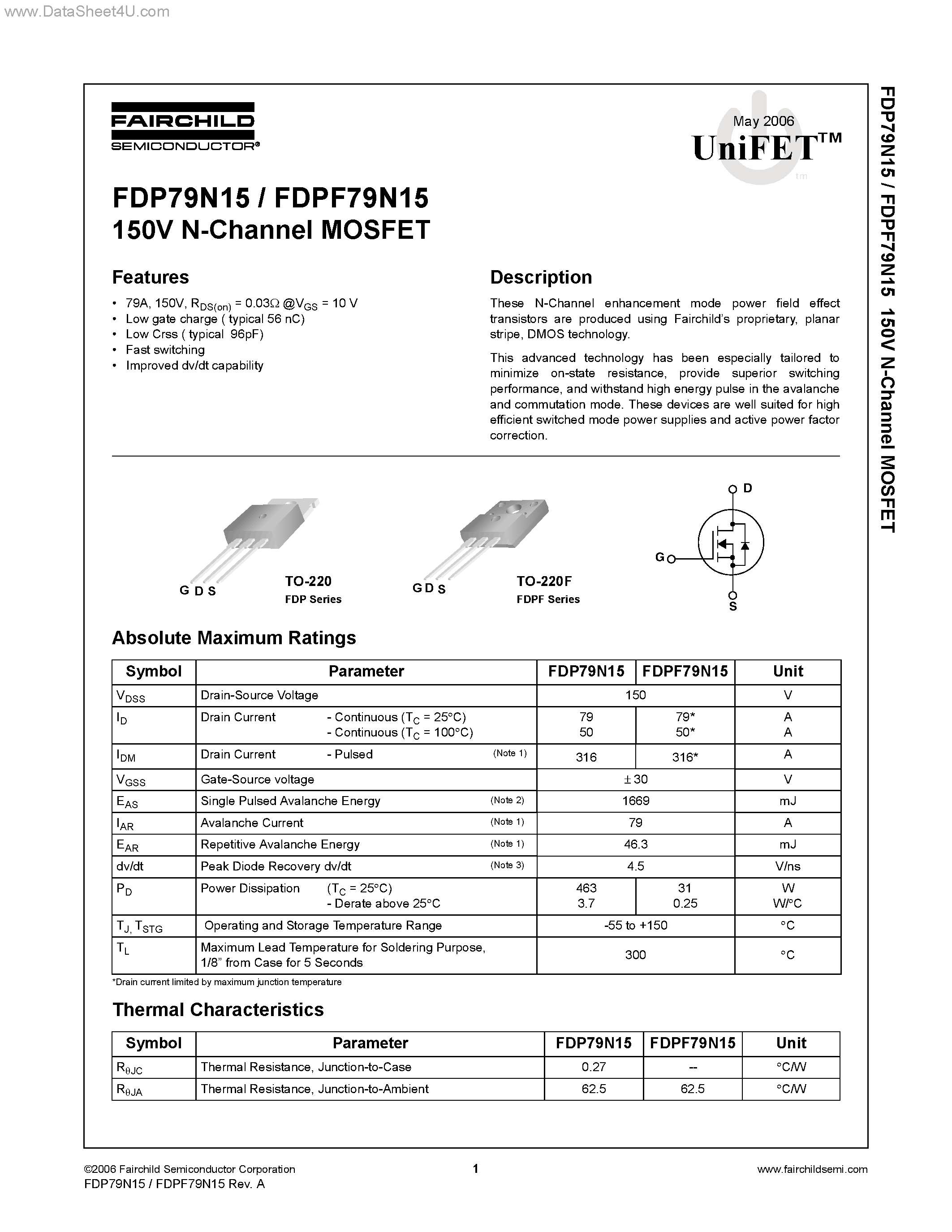 Datasheet FDP79N15 - N-Channel MOSFET page 1