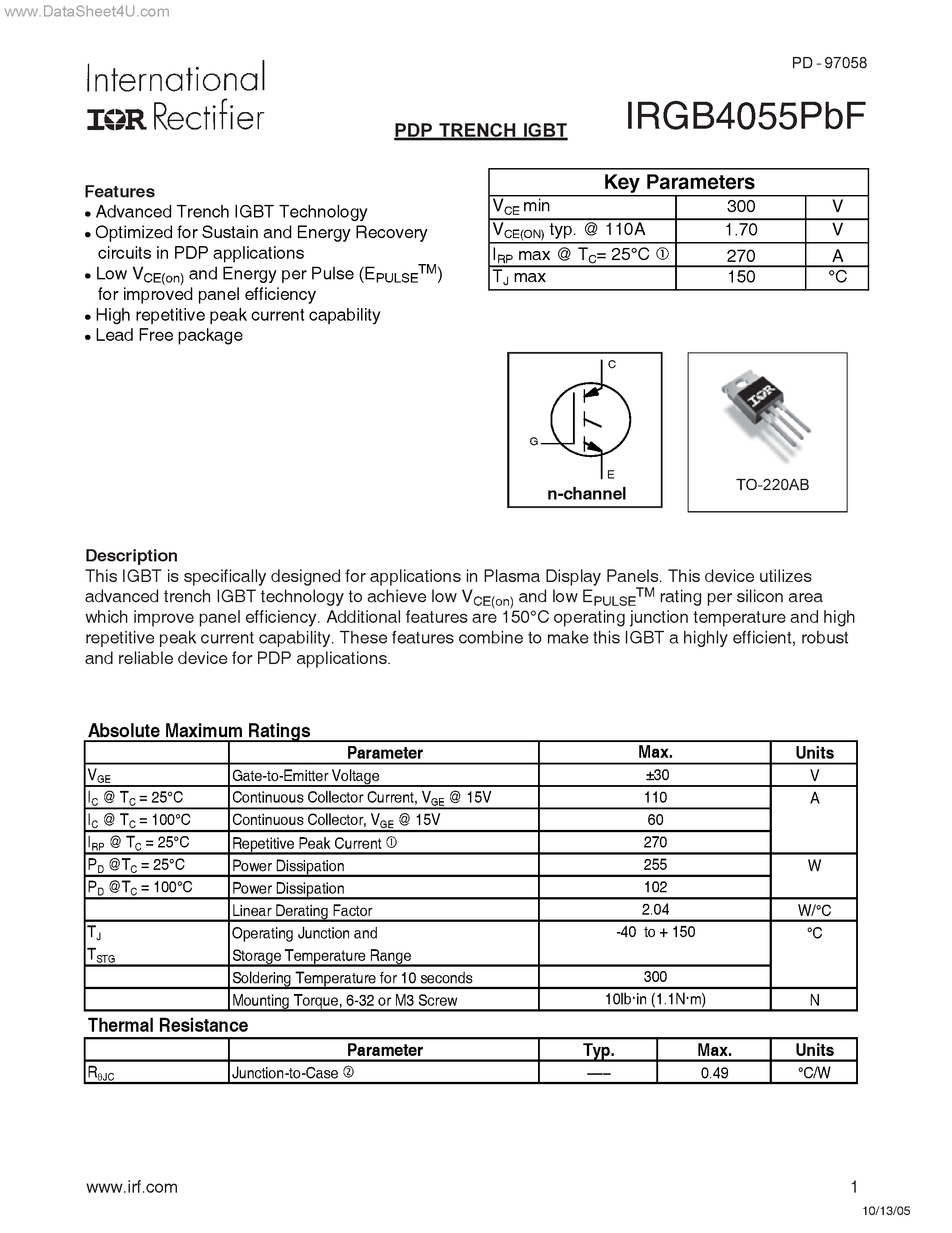 Datasheet IRGB4055PBF - Advanced Trench IGBT Technology page 1