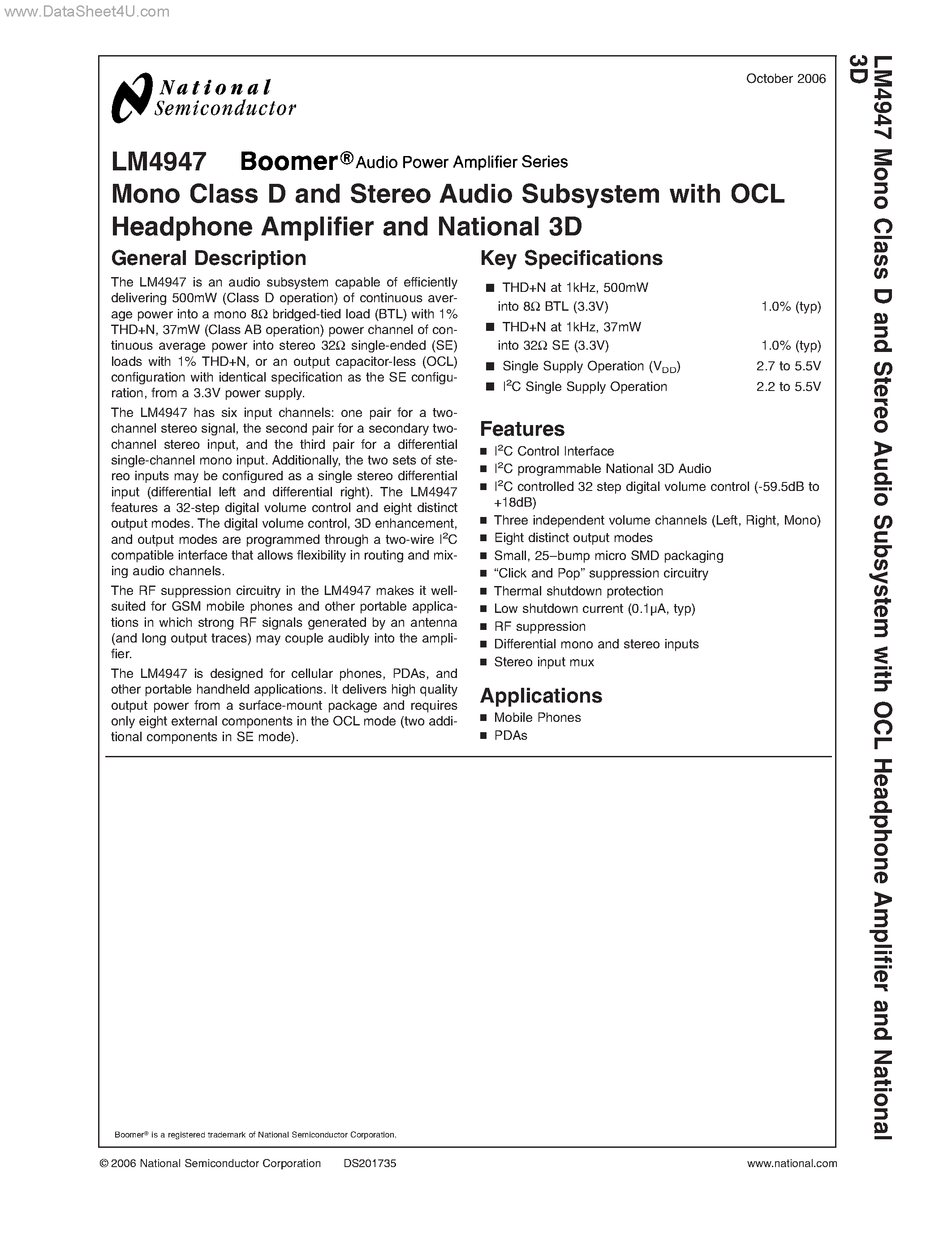 Даташит LM4947 - Mono Class D and Stereo Audio Subsystem страница 1