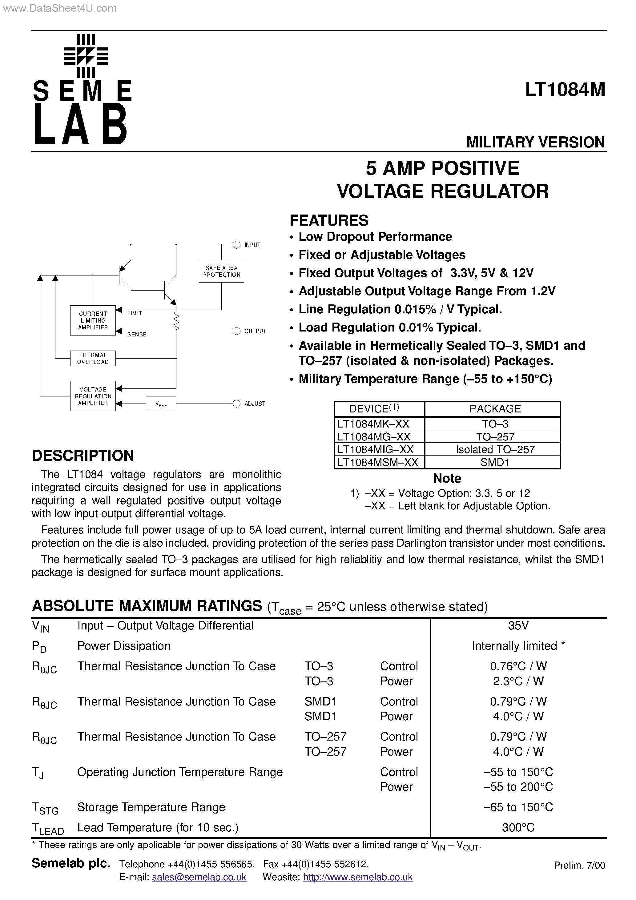 Datasheet LT1084M - 5 AMP POSITIVE VOLTAGE REGULATOR page 1