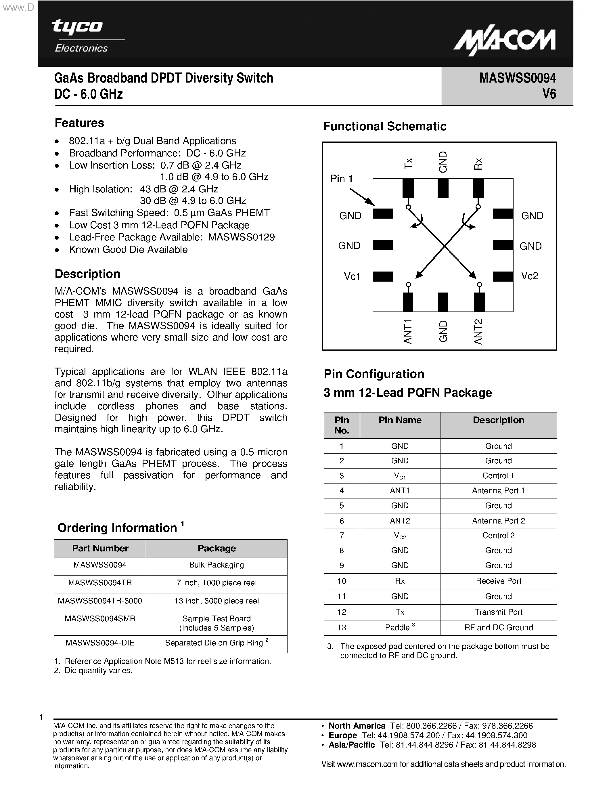 Datasheet MASWSS0094 page 1 Datasheet MASWSS0094 - GaAs Broadband DPDT Diversity Switch DC page 1