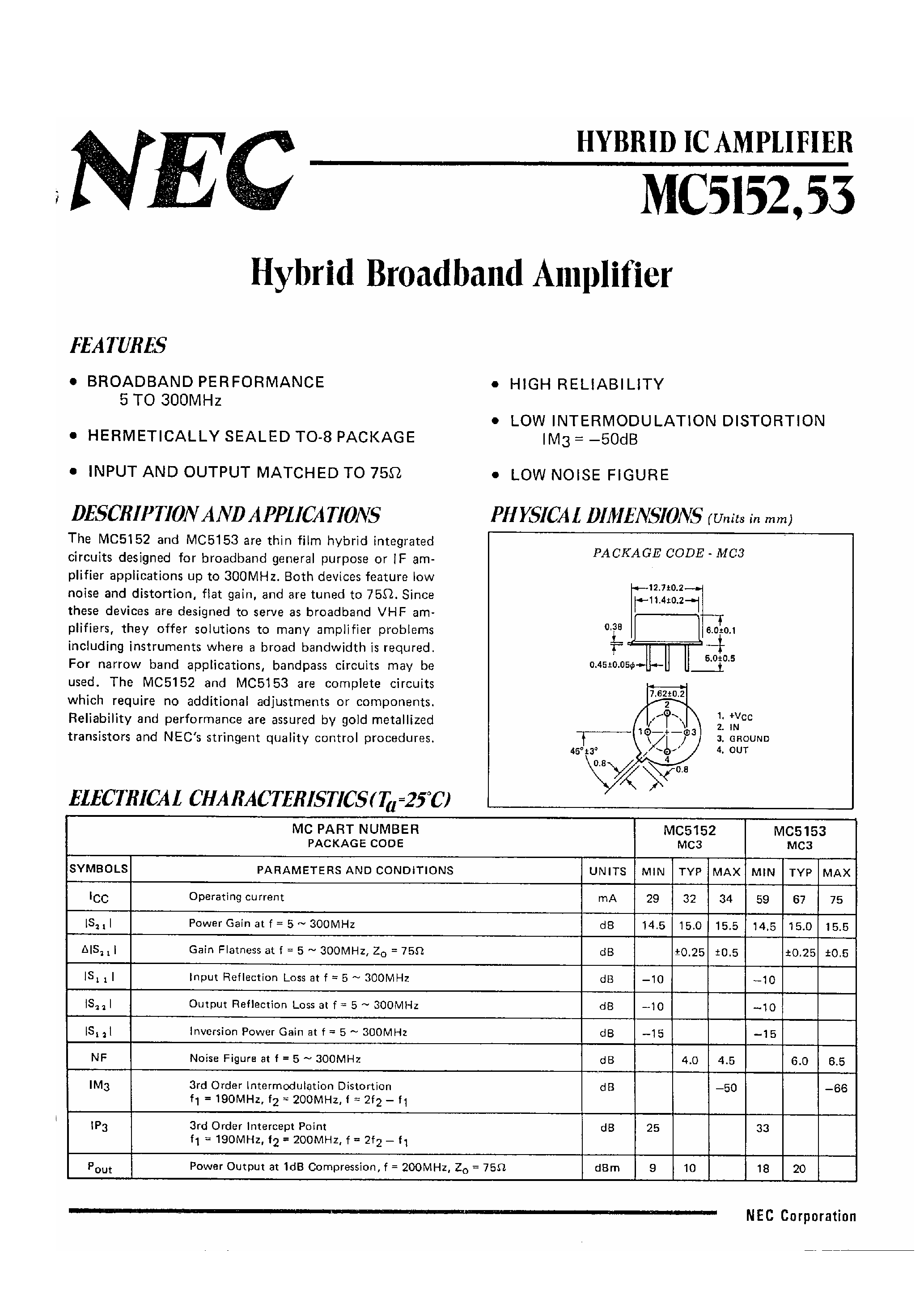 Datasheet MC5152 page 1 Datasheet MC5152 - Hybrid Broadband Amplifier page 1