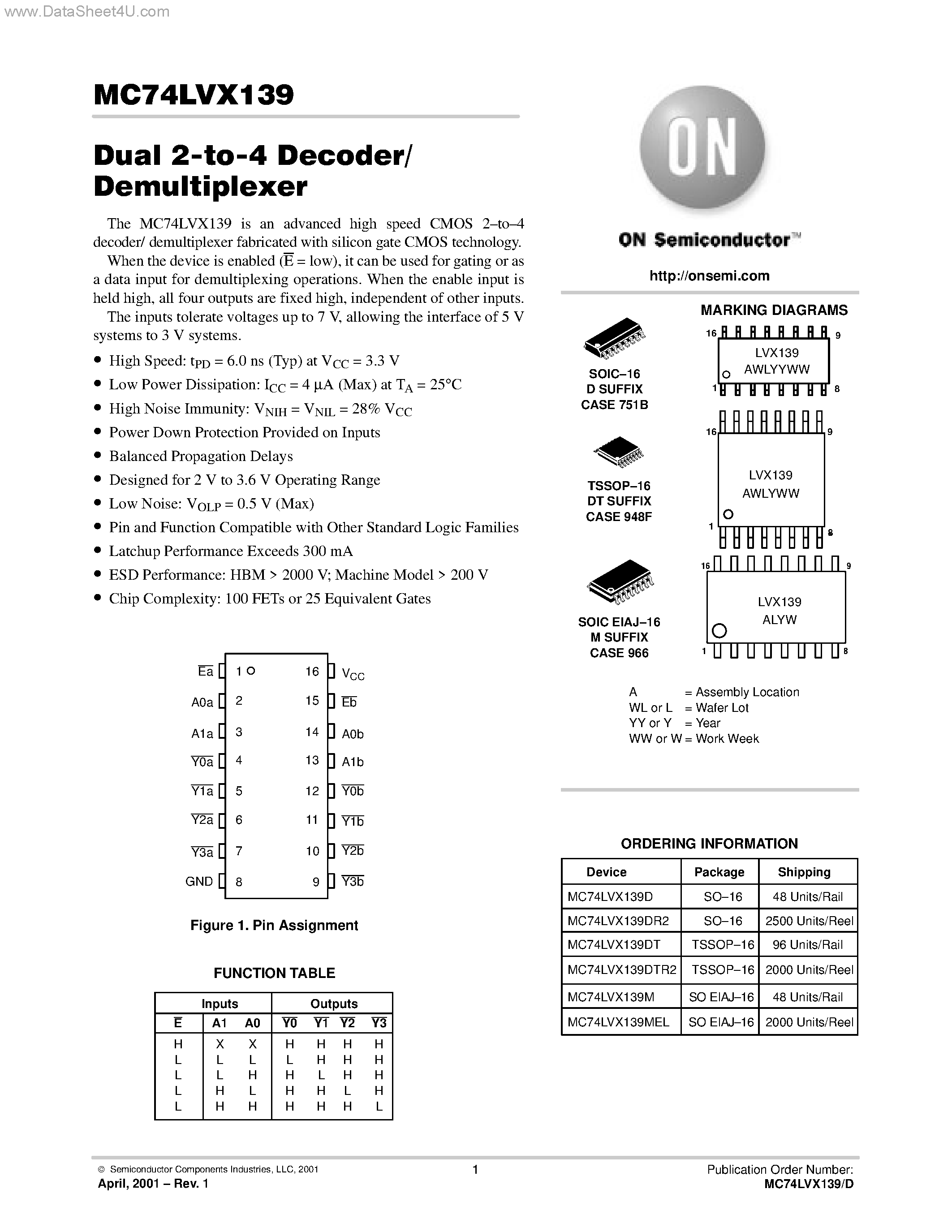 Datasheet MC74LVX139 - Dual 2-to-4 Decoder/ Demultiplexer page 1
