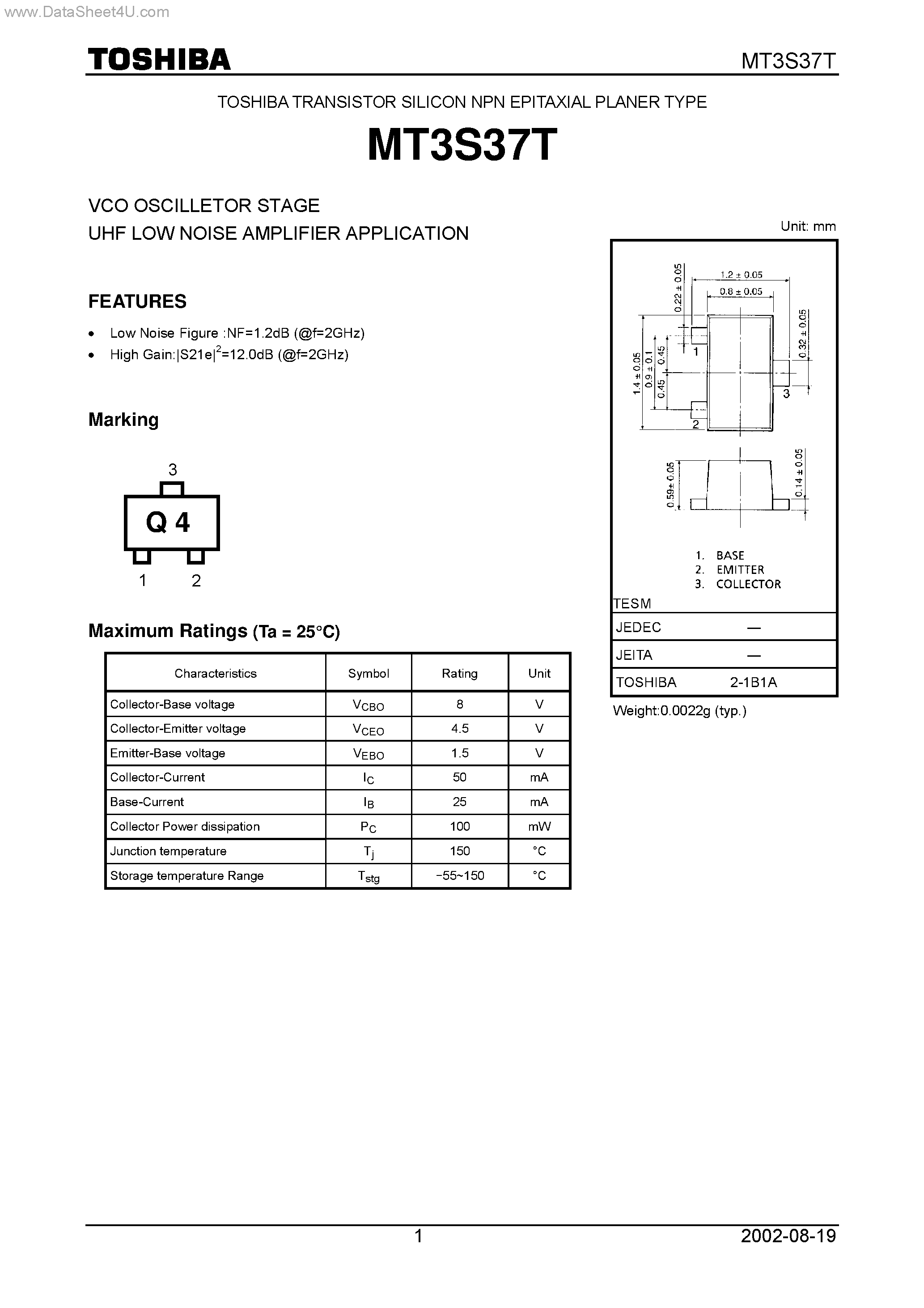 Datasheet MT3S37T - VCO OSCILLETOR STAGE UHF LOW NOISE AMPLIFIER APPLICATION page 1