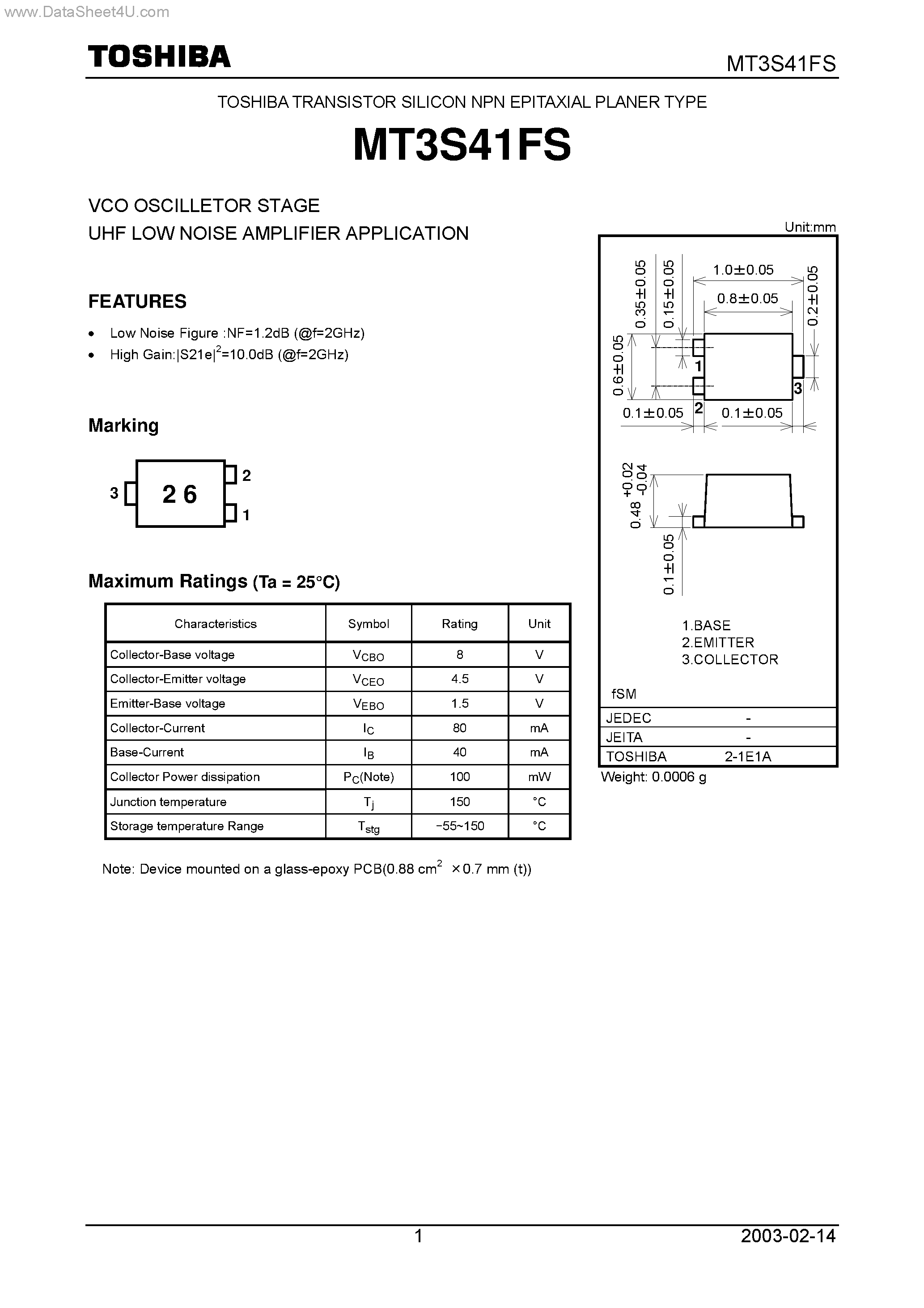 Datasheet MT3S41FS - VCO OSCILLETOR STAGE UHF LOW NOISE AMPLIFIER APPLICATION page 1