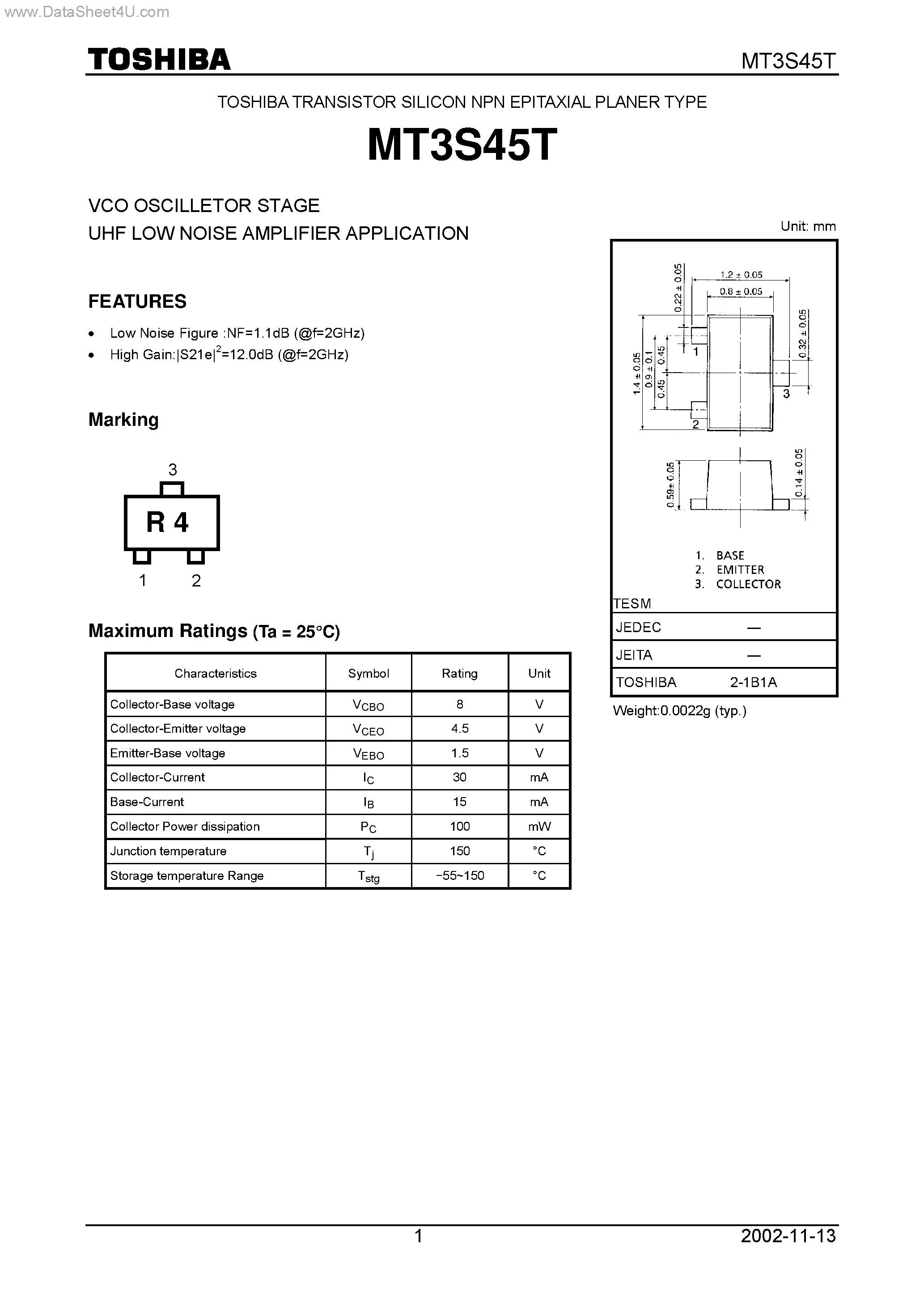 Datasheet MT3S45T - VCO OSCILLETOR STAGE UHF LOW NOISE AMPLIFIER APPLICATION page 1