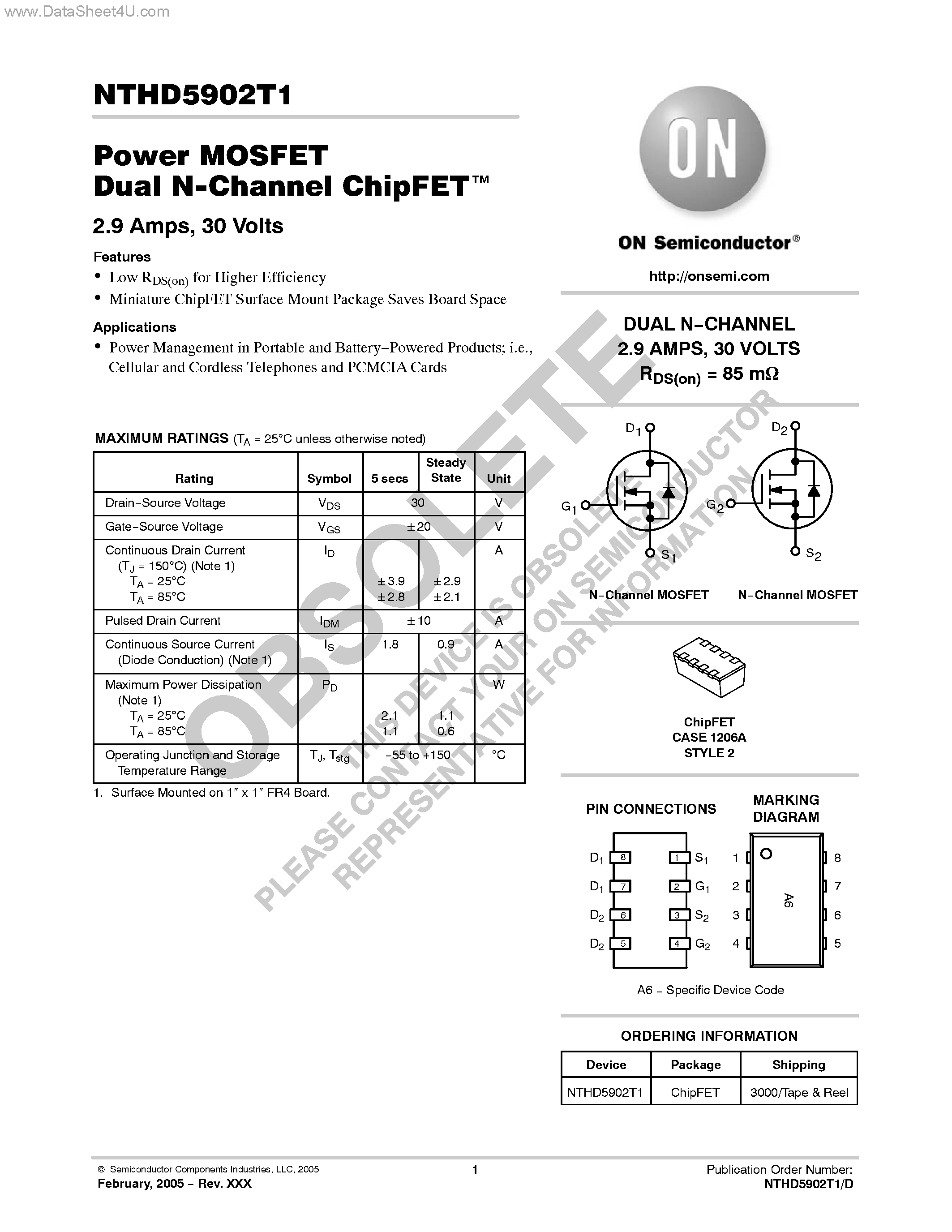 Datasheet NTHD5902T1 - Power MOSFET Dual N Channel ChipFET page 1