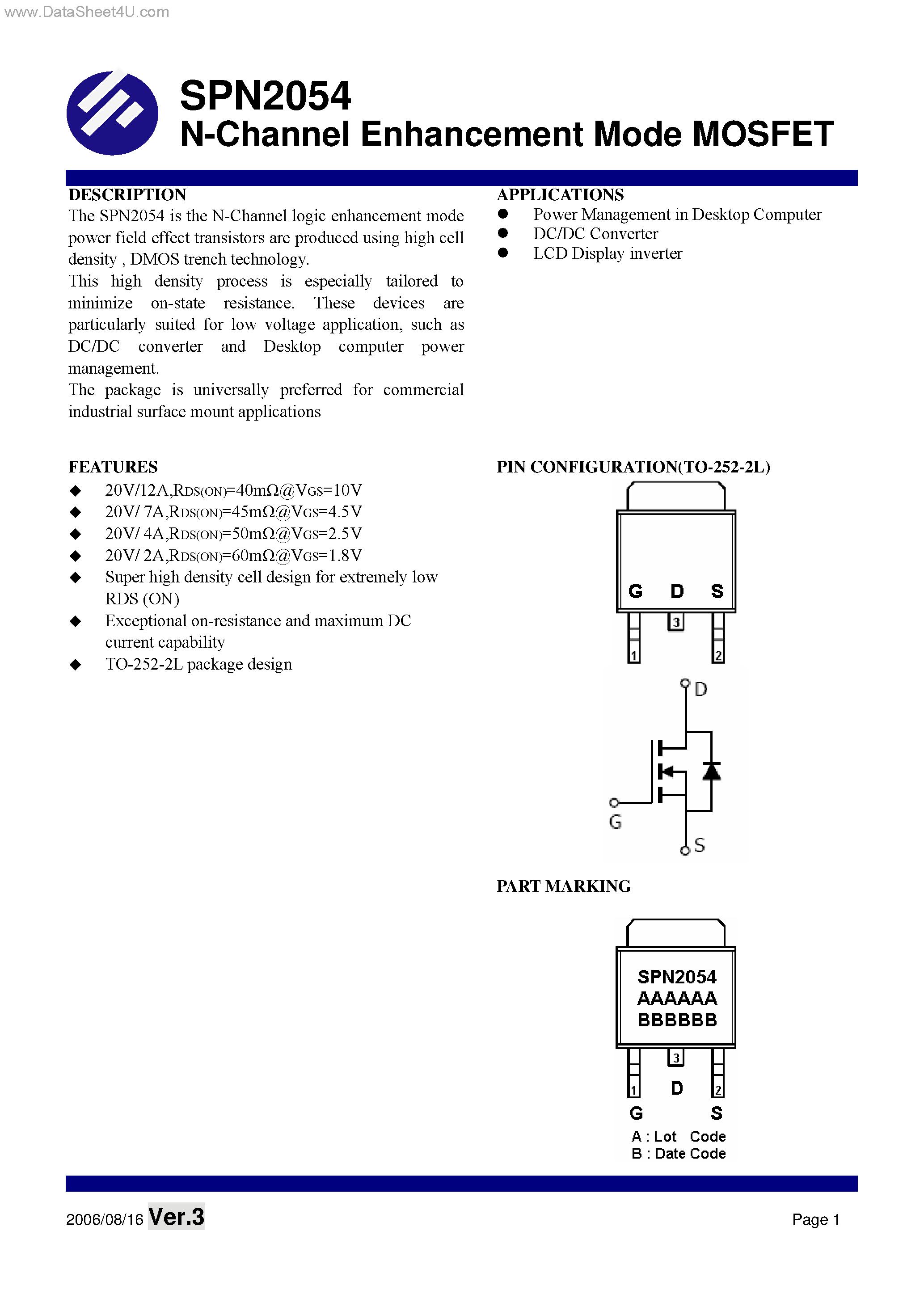 Datasheet SPN2054 - N-Channel Enhancement Mode MOSFET page 1