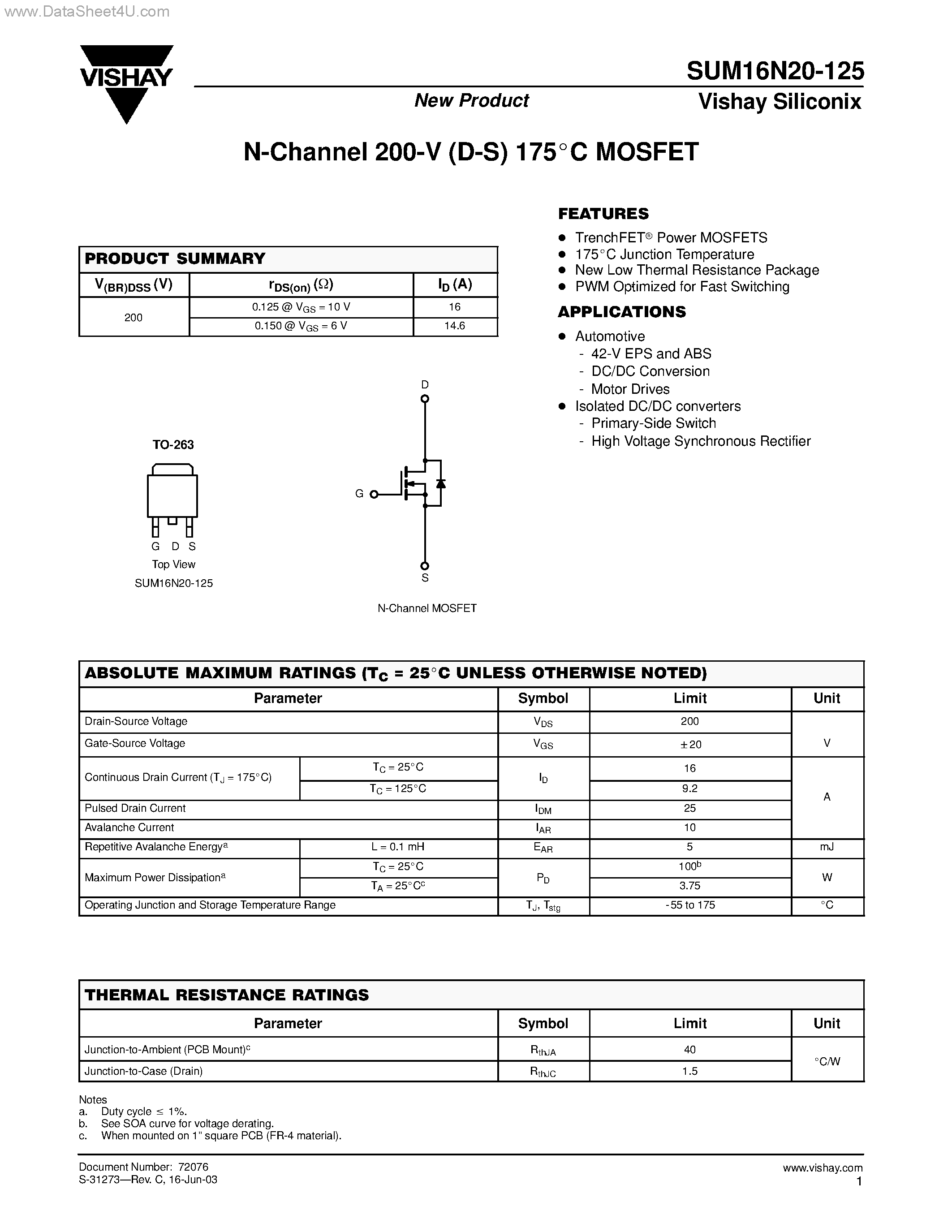Datasheet SUM16N20-125 - N-Channel MOSFET page 1