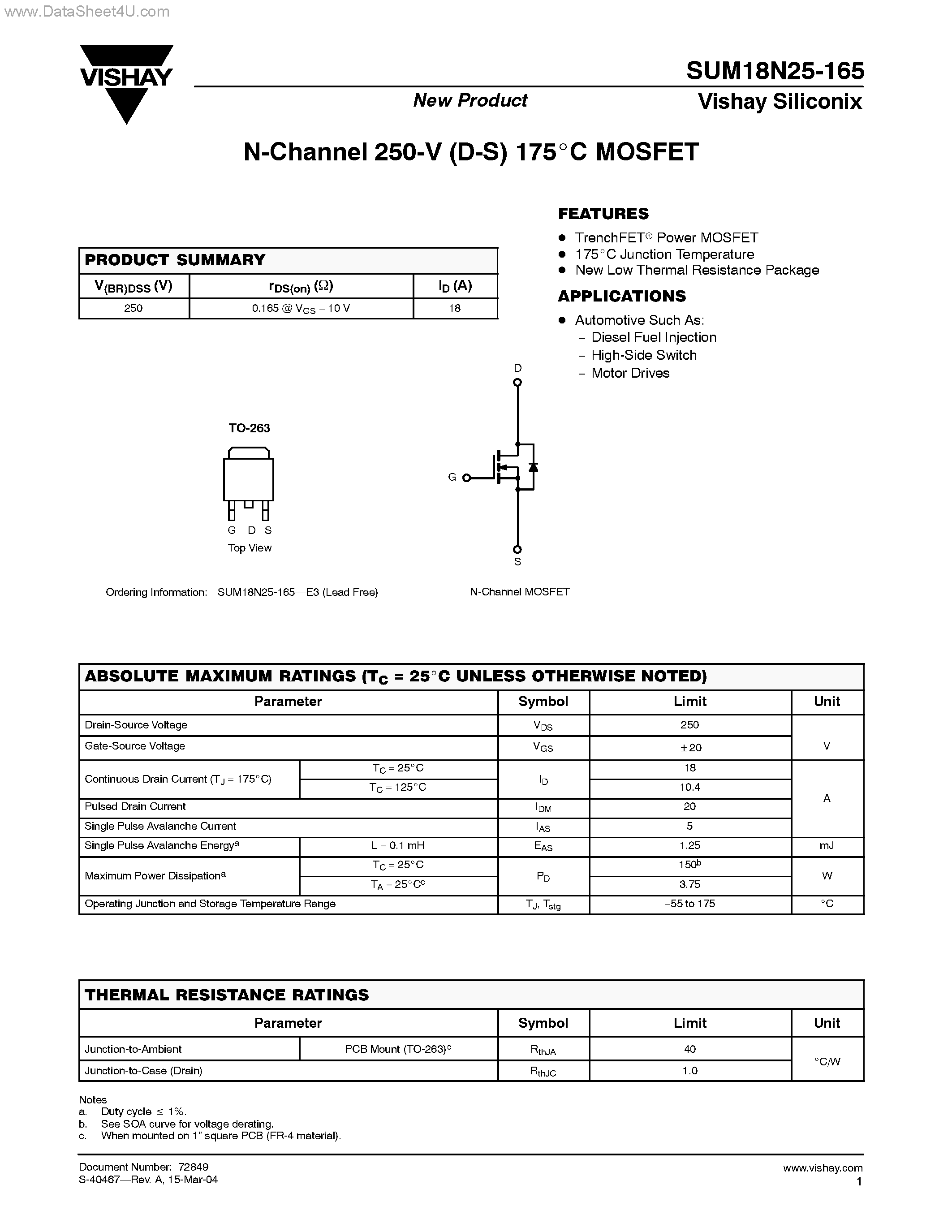 Datasheet SUM16N20-165 - N-Channel MOSFET page 1