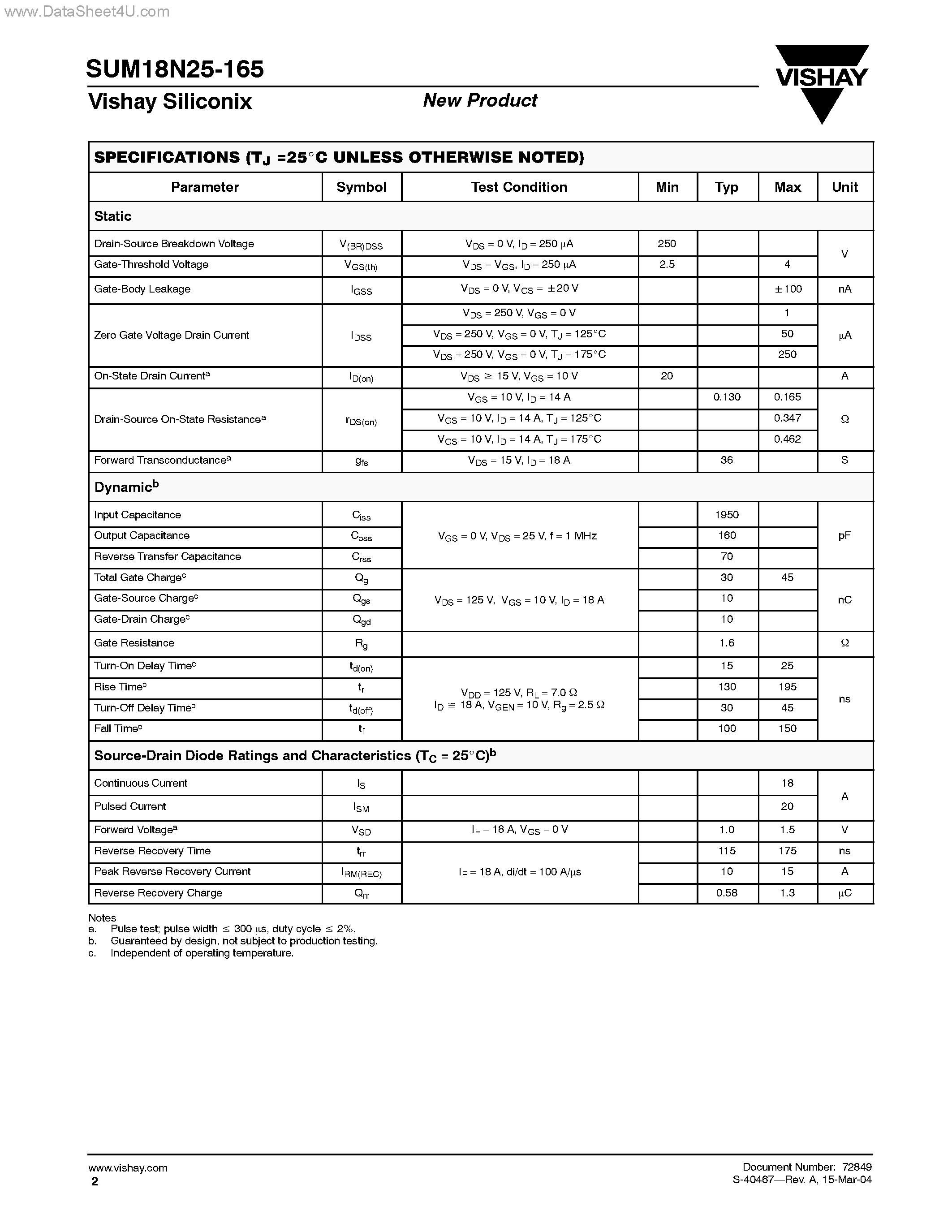 Datasheet SUM18N25-165 - N-Channel MOSFET page 2